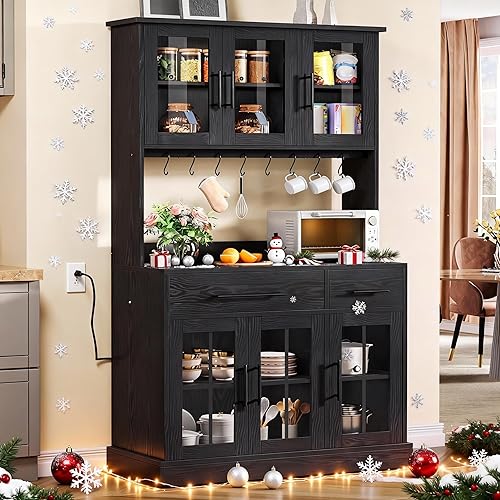 YITAHOME 71'' Kitchen Pantry Storage Cabinet with Microwave Stand, Tall Freestanding Hutch Cabinet with Power Outlet, Pantry Cabinets with Buffet