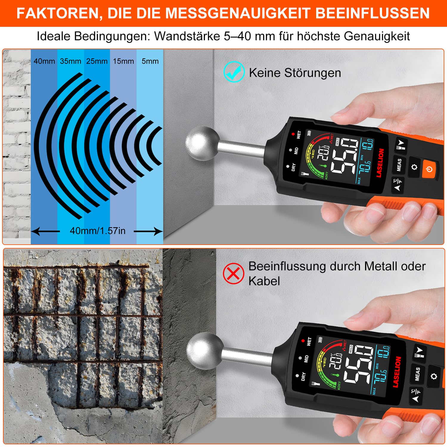 LASELION Wand Feuchtigkeitsmessgerät MS04 mit Kugelsensor für Zerstörungsfreie Bereichsscans, Ideal für Holz, Wände und Baustellenmaterialien, Anpassbare Feuchtigkeitsalarme und Temperaturanzeige