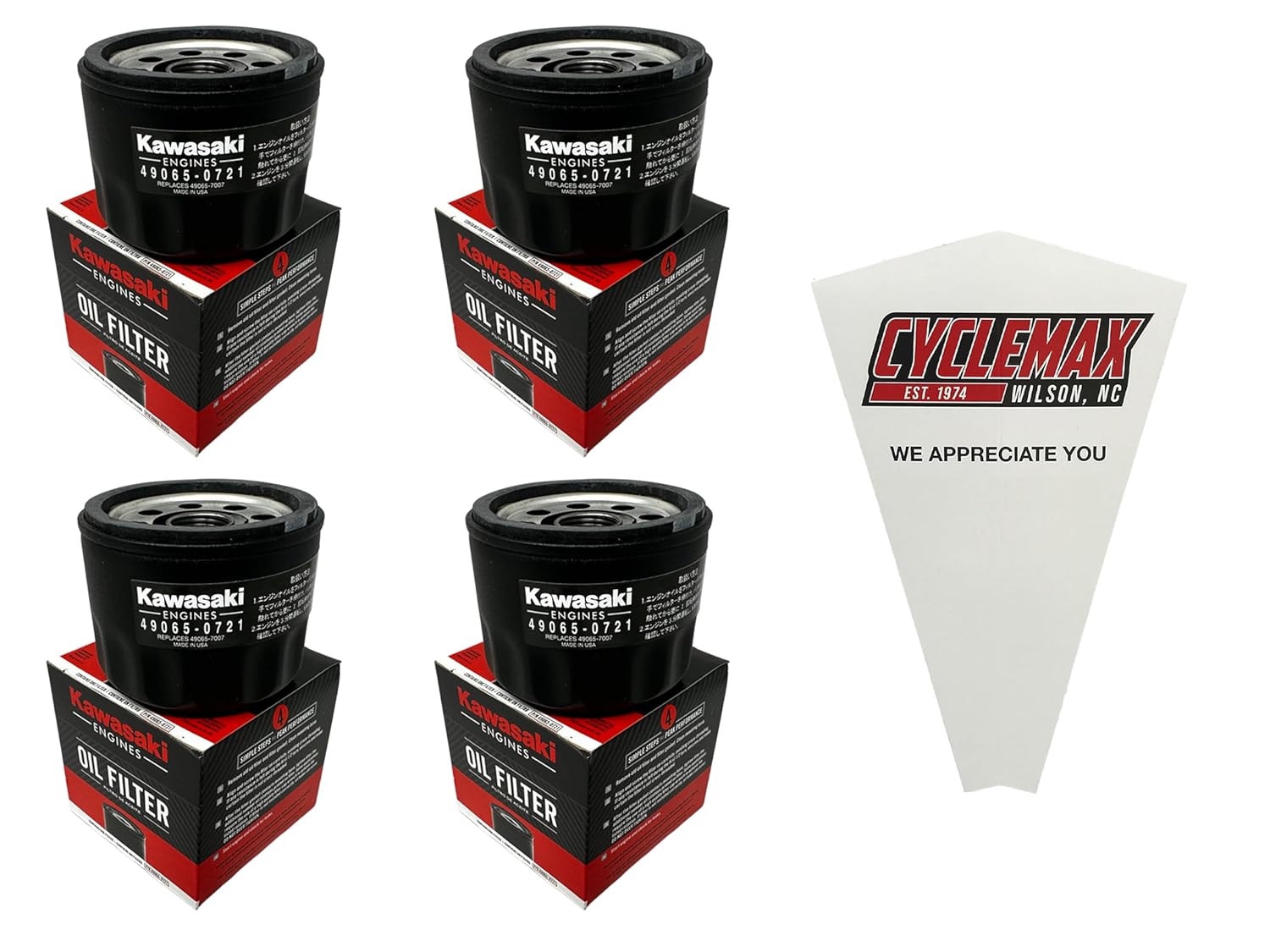 CYCLEMAX Four Pack Compatible with Kawasaki Oil Filter 49065-0721 superseded by 49065-0736 Contains Four Filters and a Funnel