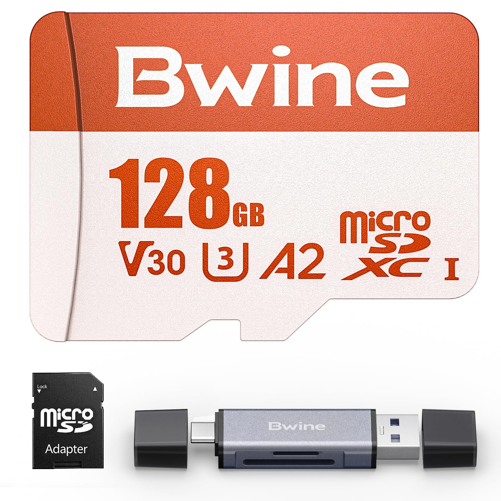 Bwine Carte Micro SD 128 Go, vitesse de lecture jusqu'à 100 Mo/s, support vidéo 4K UHD, compatible avec appareil photo numérique, drone, commutateur, avec 1 lecteur et adaptateur, orange