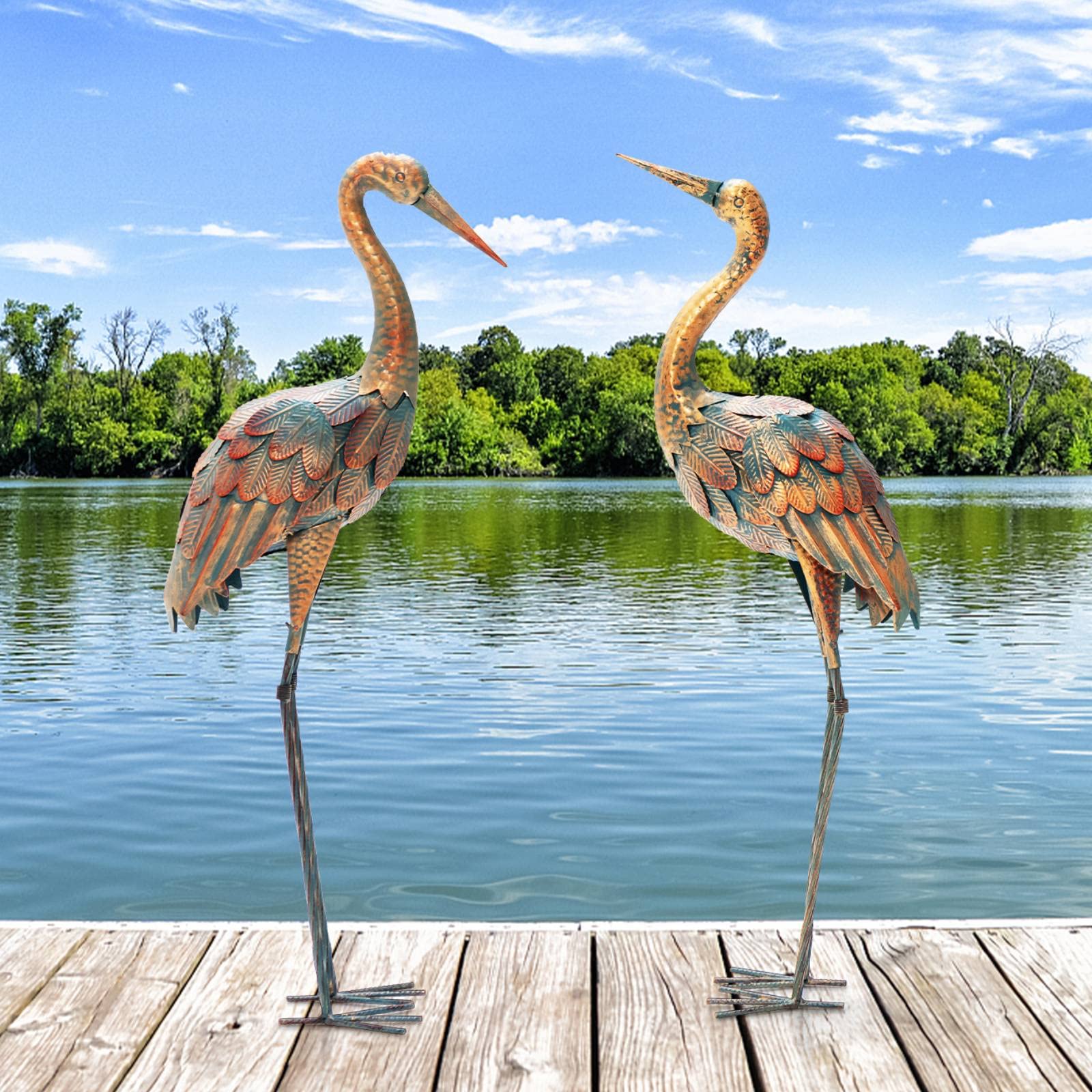 TANGZON Garden Ornaments Set of 2, Metal Crane Garden Statues Pair Sculpture Art, Indoor Outdoor Decorative Crane in Pose Ornaments for Home Patio Lawn Yard Landscape