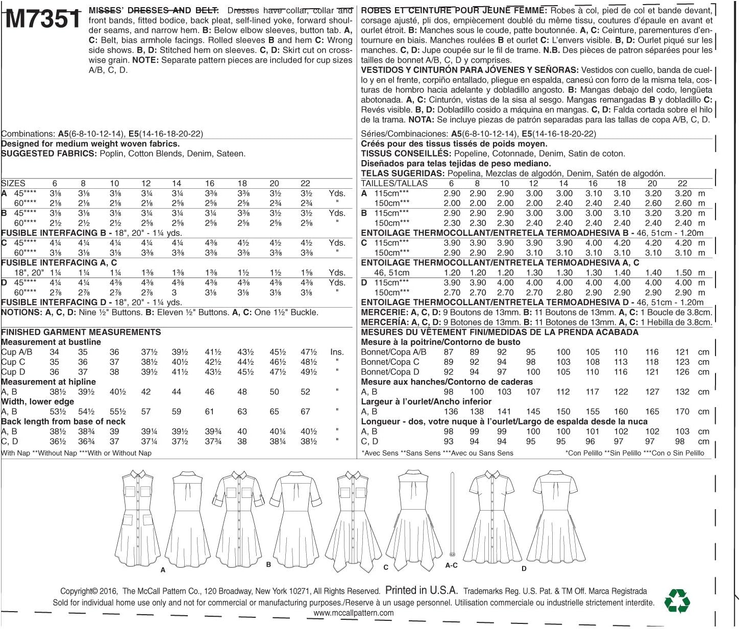 McCall's Patterns M7351 Misses' Shirtdresses with Pockets and Belt, Size E5 (14-16-18-20-22)