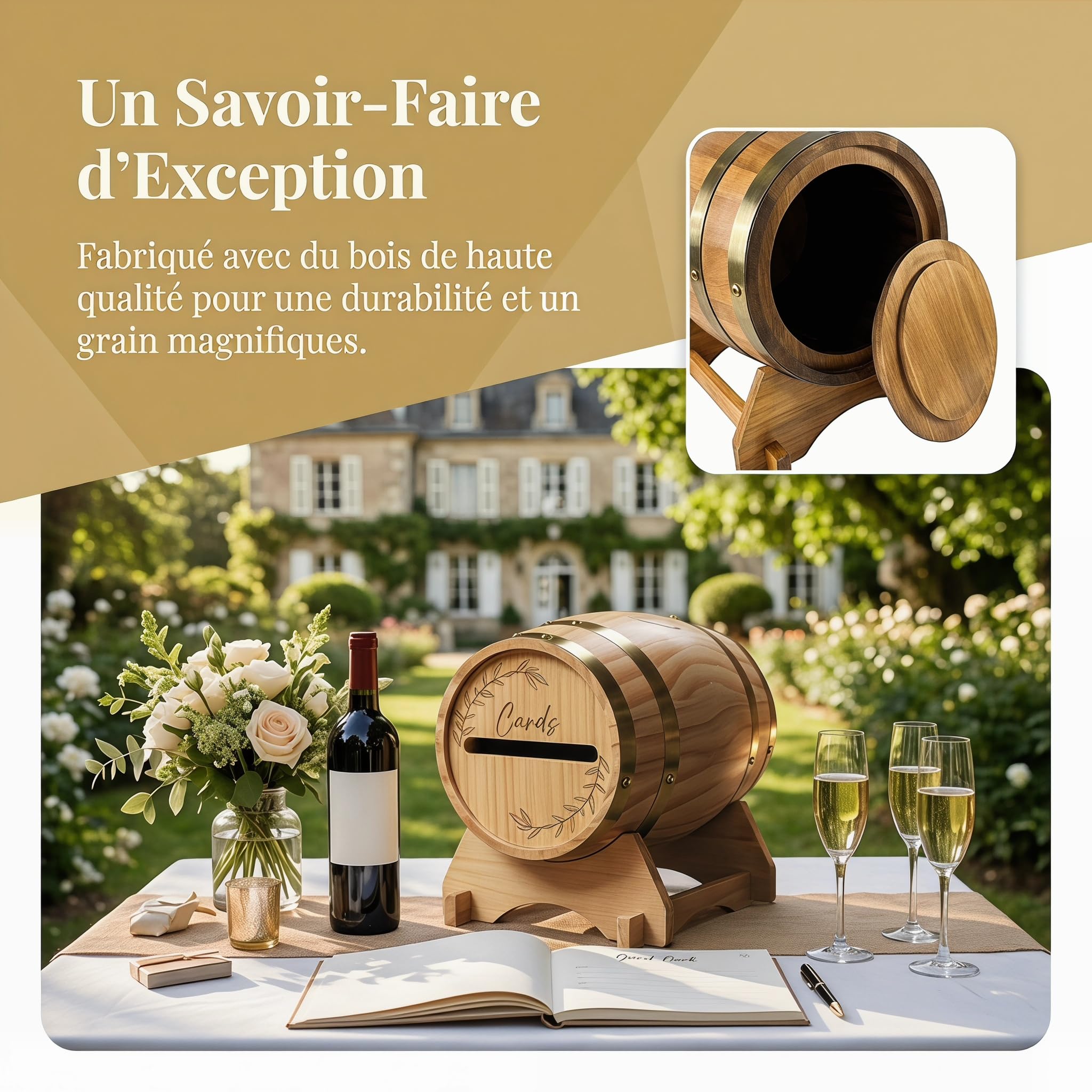 Urne de Mariage en Bois en Forme de Tonneau, Boîte Aux Lettres de Mariage, Boîte à Cartes de Mariage, Couvercle Amovible Boîte à Enveloppes Rustique d'événement pour Futurs Mariés, Anniversaire