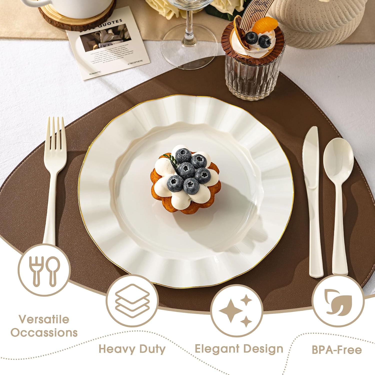 100 Pack Ivory Plastic Plates with Gold Rim, 10in Wave Edge Dinner Plate image 3
