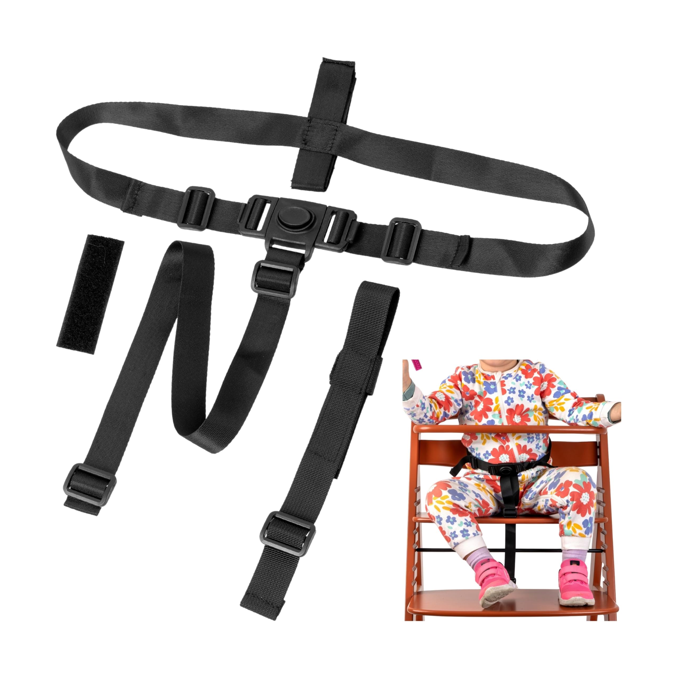 Highchair 3-Point Harness System, 1 Set, Compatible with Hauck Alpha Beta, Stokke Tripp Trapp, Roba, and Many More, in Black, with Crotch Strap, Adjustable highchair Safety Harness