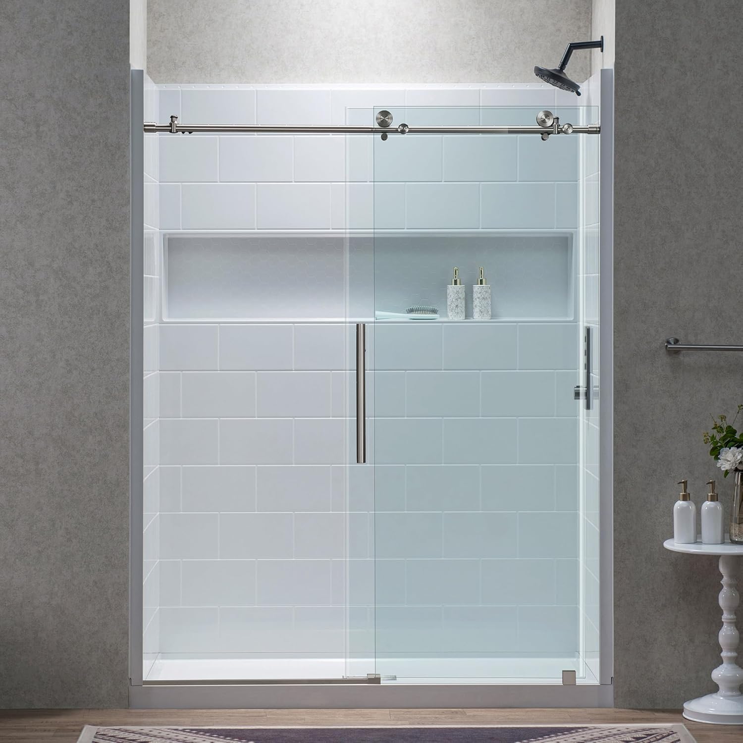 Woodbridge 60" L x 32" W Shower Combo Kit with Glue-Up Glossy White Shower Walls & Center Drain Base & 56–60" W Frameless Single Sliding Shower Door, 5/16" Clear Tempered Glass, Brushed Nickel