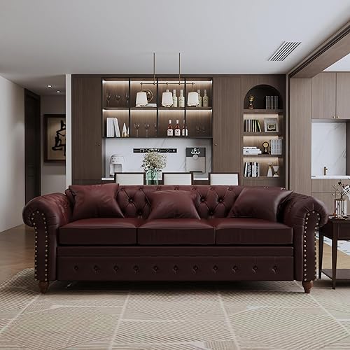 Miniatura 10 de Chesterfield - Sofá de cuero, sofá moderno de mediados de siglo de 89 pulgadas con respaldo bajo, brazo enrollable, ribete de cabeza de clavo, sofá