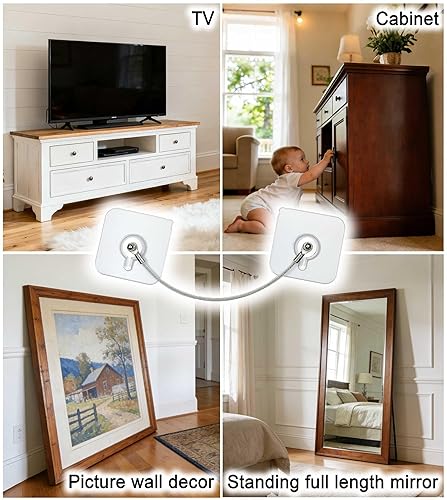 Miniatura 6 de Paquete de 10, kit de anclajes de muebles de 8 pulgadas a prueba de bebés, correas adhesivas de seguridad para TV para evitar caídas y antipuntas,