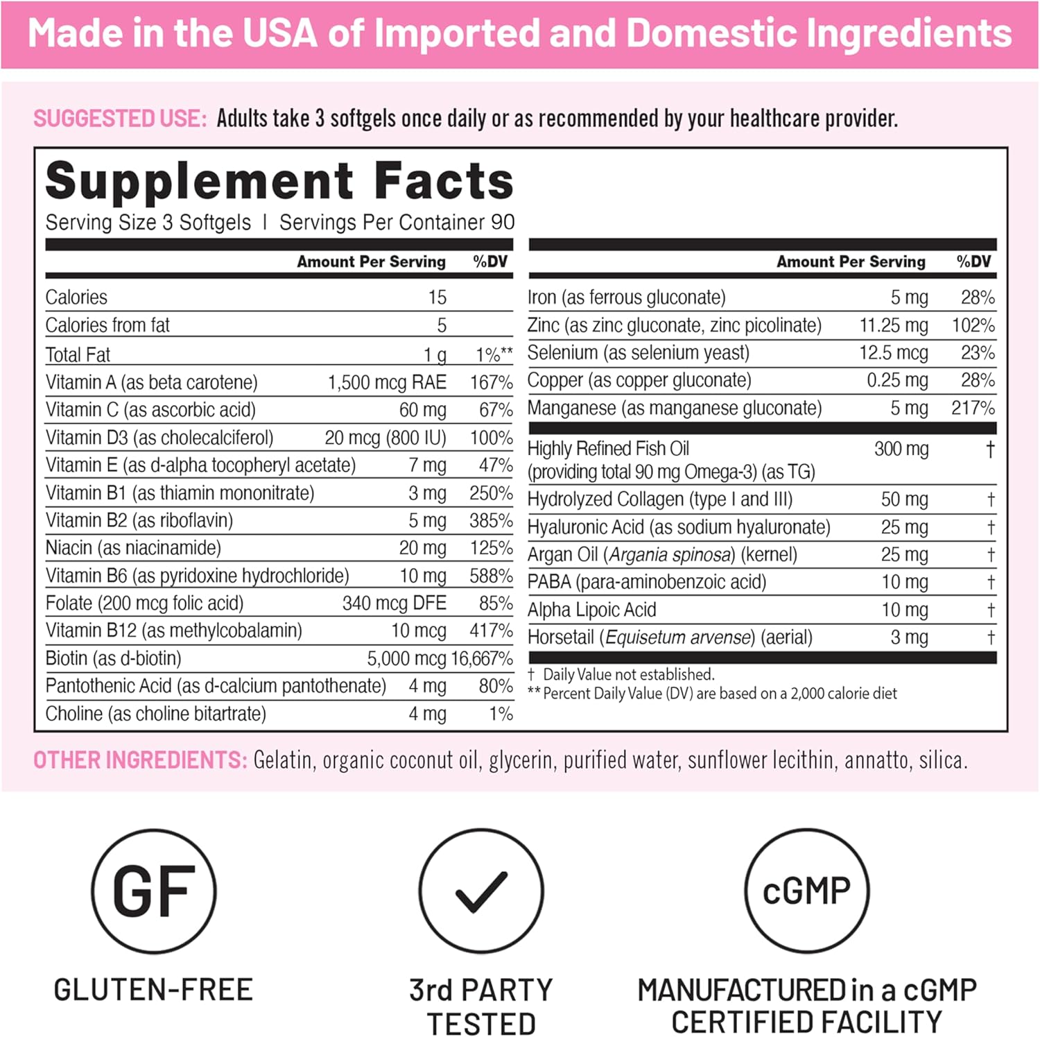 NatureWise Hair Skin and Nails Vitamin, Biotin 5000mcg w/Hyaluronic Acid, Collagen for Women with C, B Complex, D3, A, E, Iron - Non-GMO, Gluten Free - 270 Softgels[3-Month Supply] - Image 4