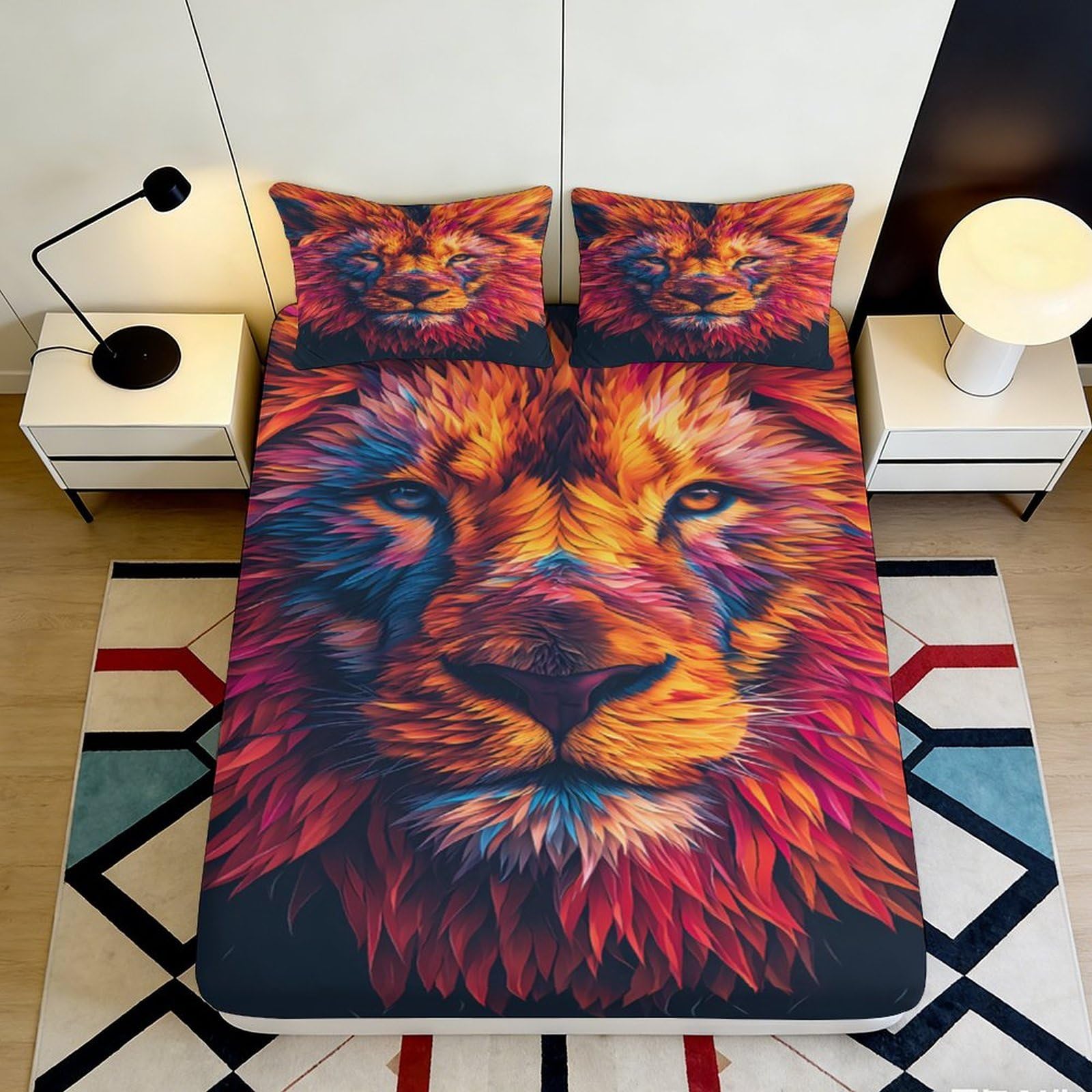 3D Printed Lion Pattern Fitted Sheet Microfiber Deep Pocket Non-Slip Bedroom Lion Mattress Fitted Cover Full Wrap Washable for Adults Teens 140x200x25cm
