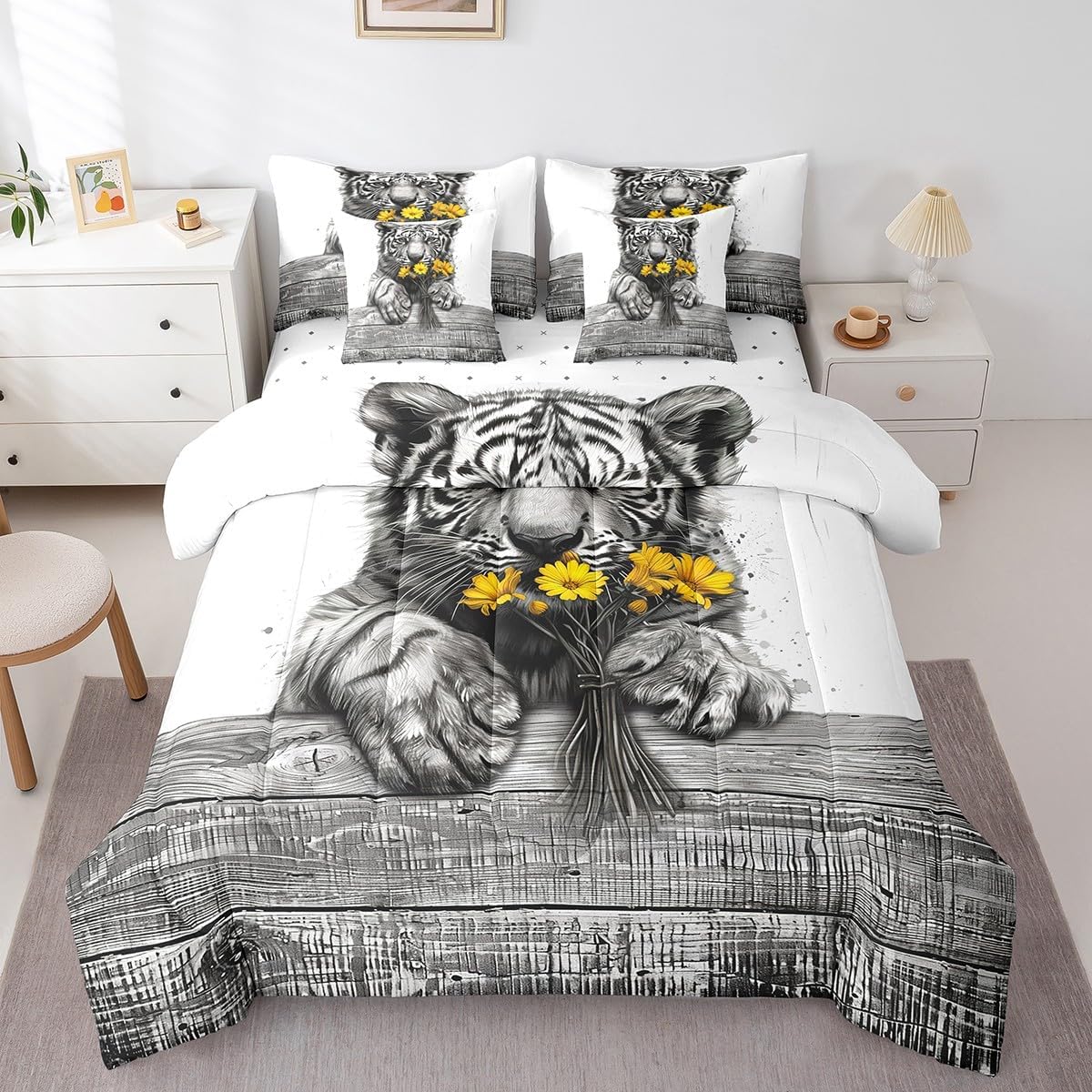 Erosebridal 7Pcs Queen Comforter Set with Sheets, Deer Animal Bedding Funny Deer with Flower Bed in a Bag Bedding - 1 Comforter, 1 Flat Sheet 1 Fitted Sheet 2 Pillowcases 2 Throw Pillow Covers