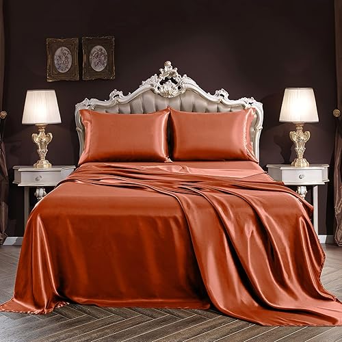 Miniatura 7 de SiinvdaBZX Juego de sábanas de satén de 4 piezas tamaño King, ultra sedosas, suaves, de satén naranja otoñal con bolsillo profundo, 1 sábana bajera,