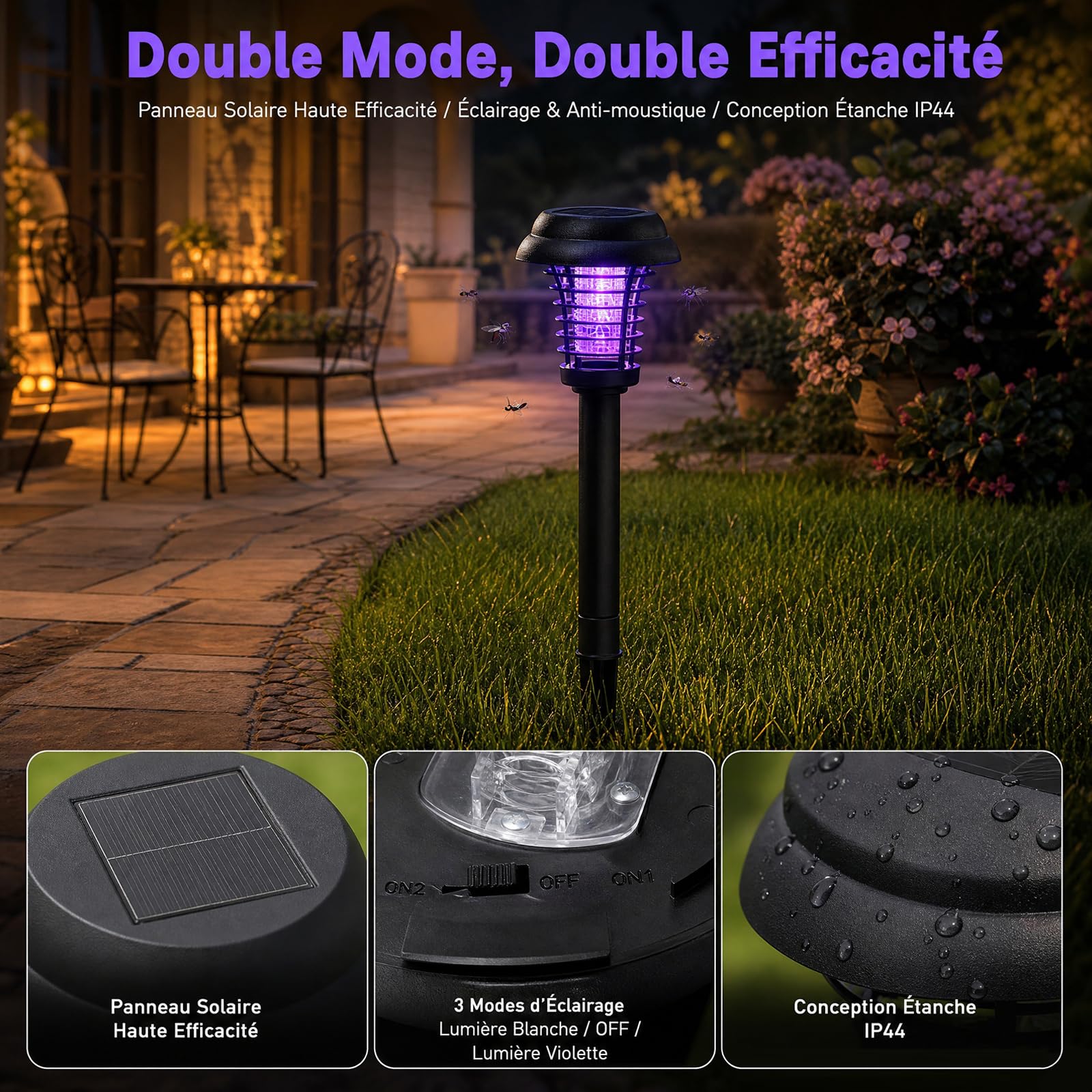 Lampe Anti Moustique Électrique Solaire,UV Lampe Anti Moustique Exterieur Solaire IP44 Étanche Extérieur Rechargeable Anti Insectes Répulsif pour Jardin Pelouse Mites, Mouches,Insectes Anti Mouche