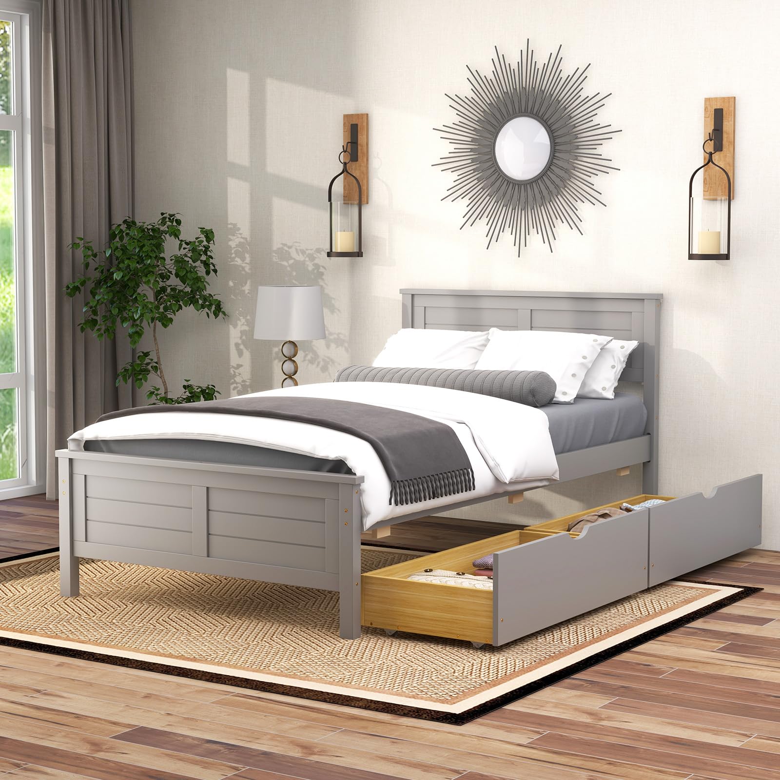 GOFLAME Twin Size Bed Frame with 2 Drawers, Platform Bed with Solid Wood Headboard & Footboard, Wood Slats Support Mattress Foundation, Under Bed