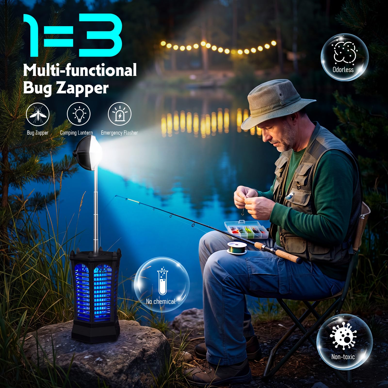 Wiederaufladbarer Bug Zapper Outdoor 2026, 4500V Elektrischer Mückenzapper mit Campinglicht, Kabelloser Tragbarer Mückenvernichter, Outdoor Wasserdichte Fliegenvernichter Falle für Camping, Terrasse