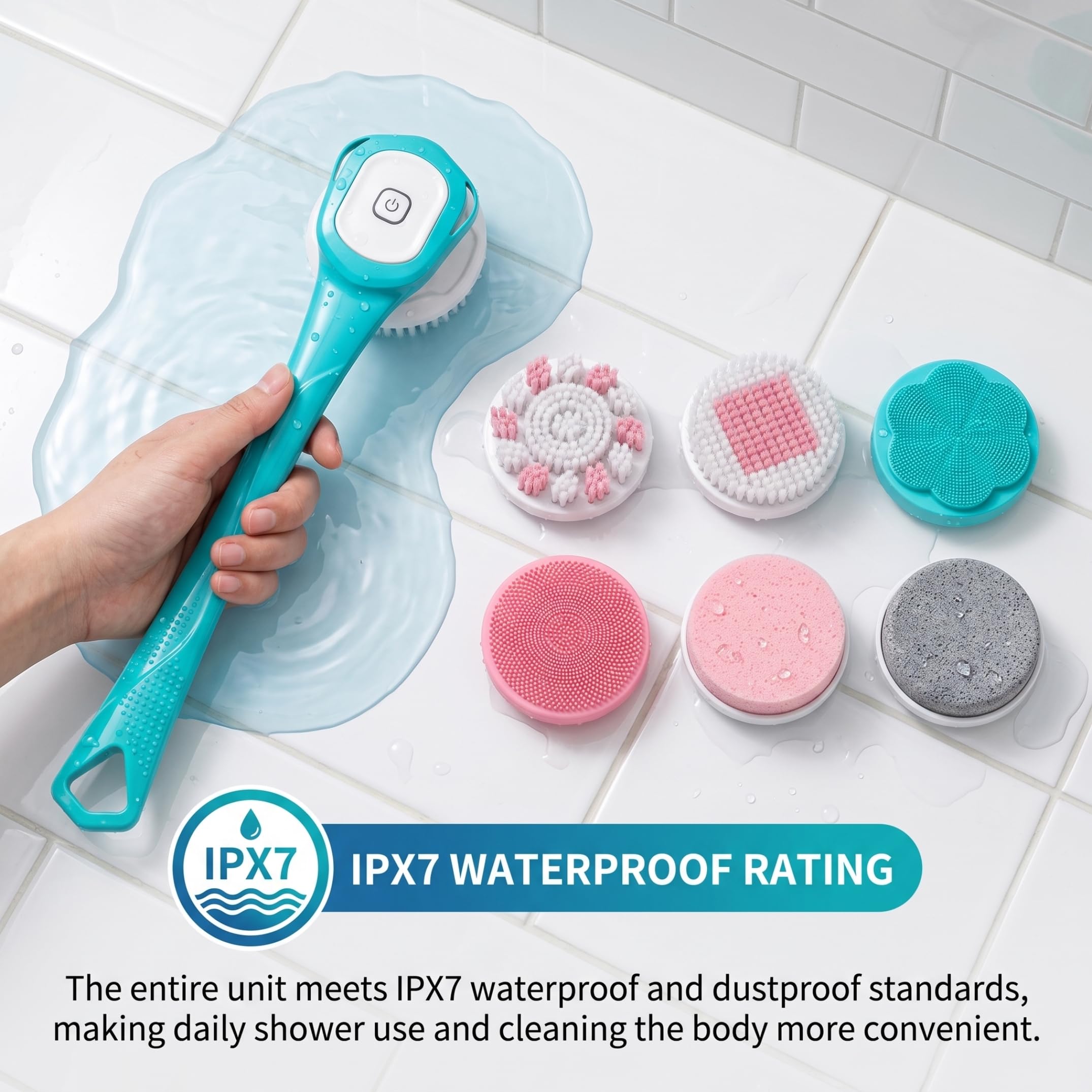 Limpiador corporal eléctrico, cepillo corporal, cepillo eléctrico para la espalda con mango largo, masaje exfoliante para baño, ducha, masaje con 6 cabezales de limpieza para spa, ducha, azul