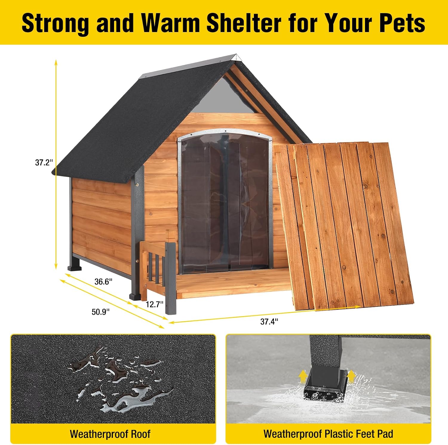 Aivituvin Dog House Outdoor Weatherproof Chew Proof Large Dog Kennel with Metal Frame for Small Medium Large Dogs, 50.9" D x 37.4" W x 37.2" H