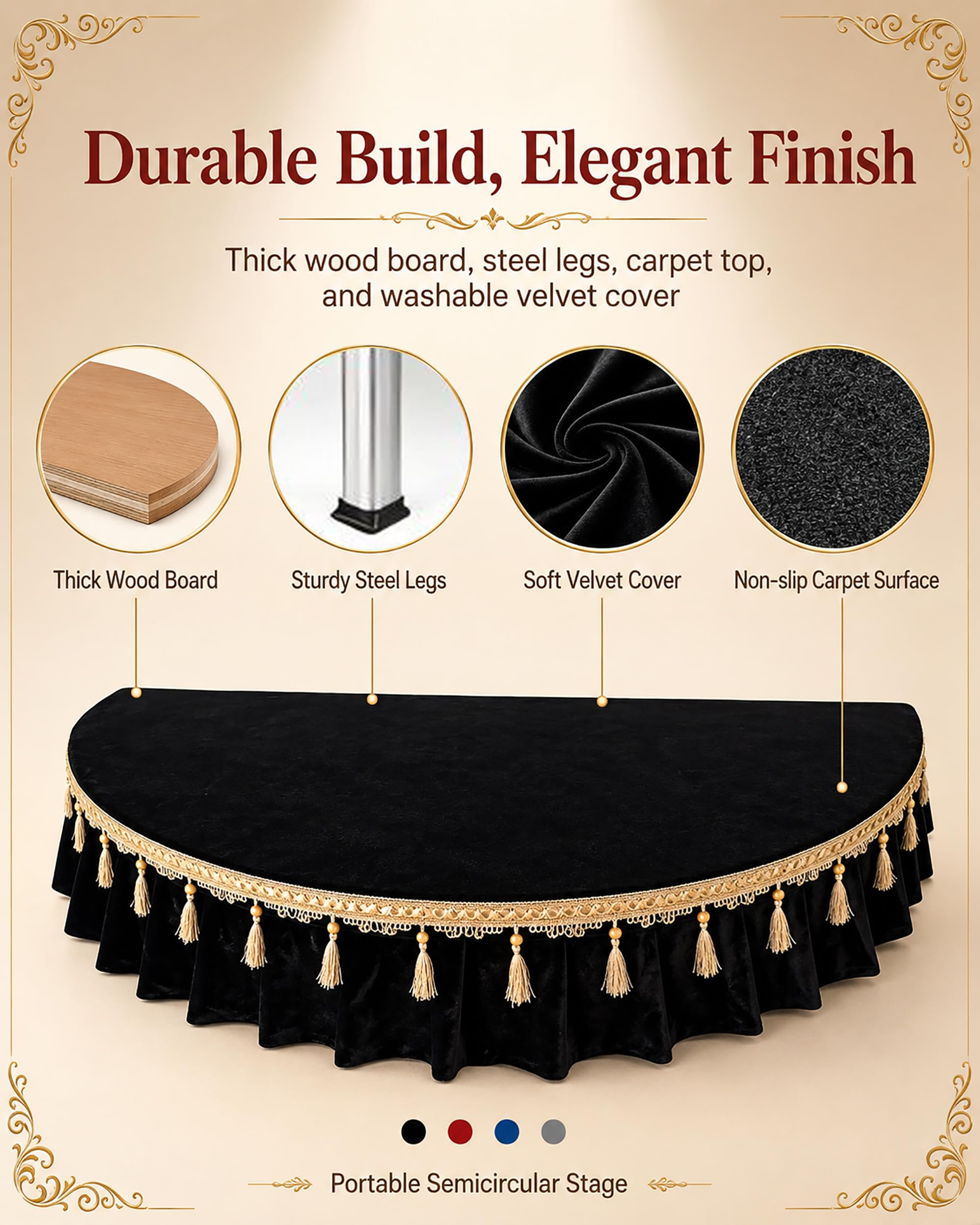 Plataforma De Escenario Portátil Semicircular, Plataforma De Escenario con Funda De Terciopelo Lavable, Estructura De Acero, Miniescenario para Discursos Públicos Y Canto,Negro,1.5m