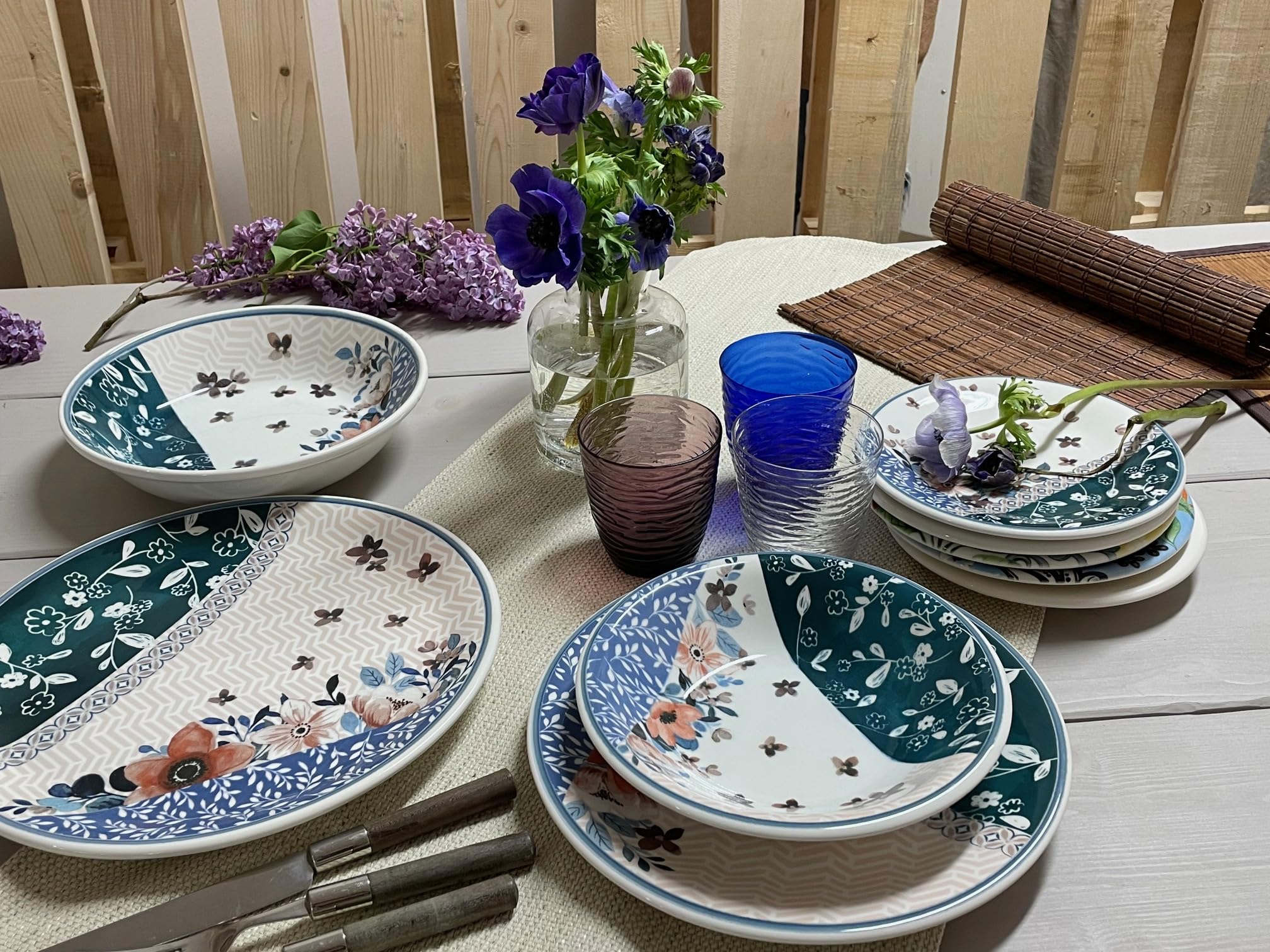 Wald Colección de mesa de platos llanos, hondos, frutas, ensaladera y plato de cerámica, decoración acuarela, lavables en lavavajillas (plato hondo – 6 unidades)
