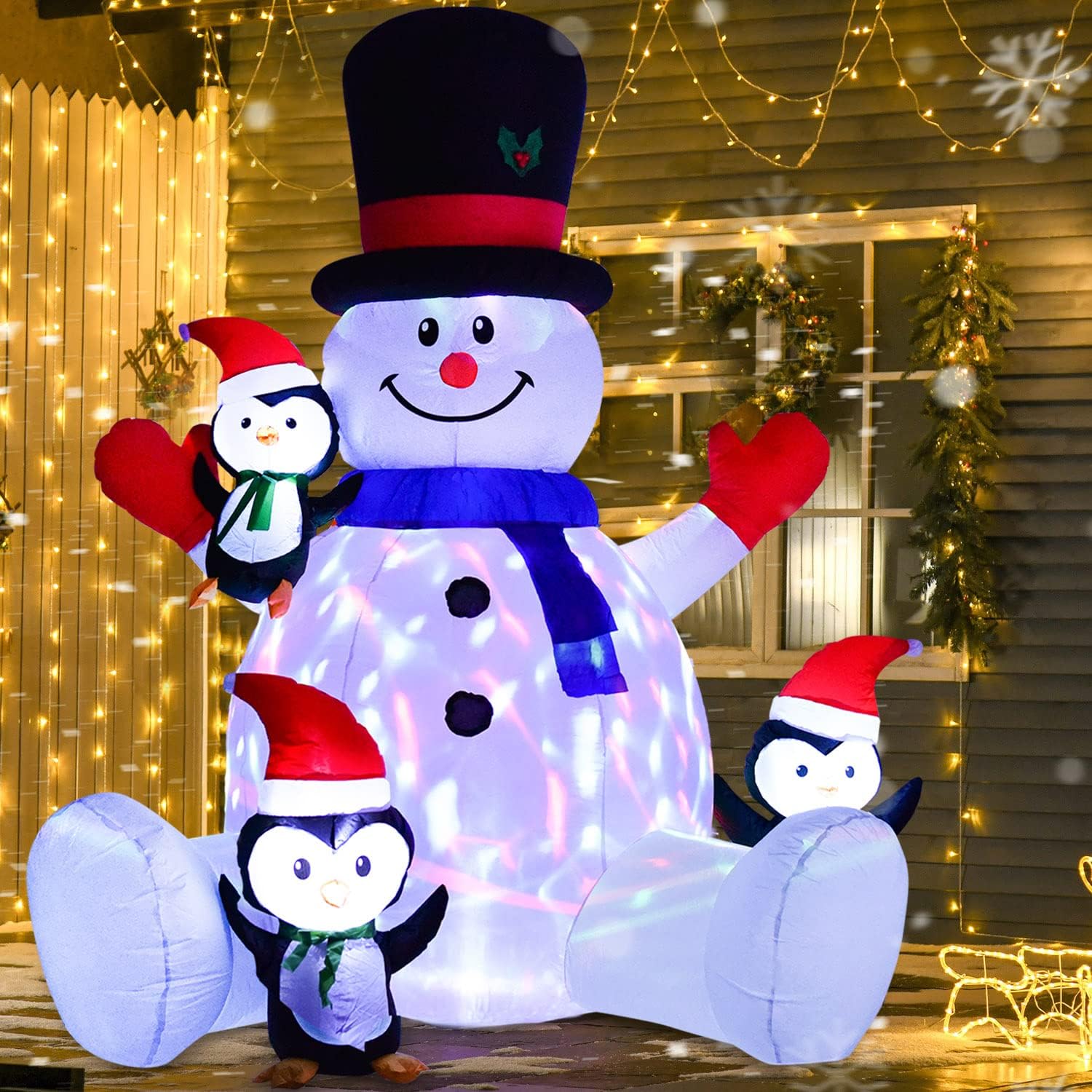 DearHouse 7Ft Lighted Christmas Inflatable Snowman with Three Cute Penguins, Rotating 7 Color Changing Lights Building 3 LED Lights Outdoor Indoor Holiday Yard Inflatables Home Decor - Image 3
