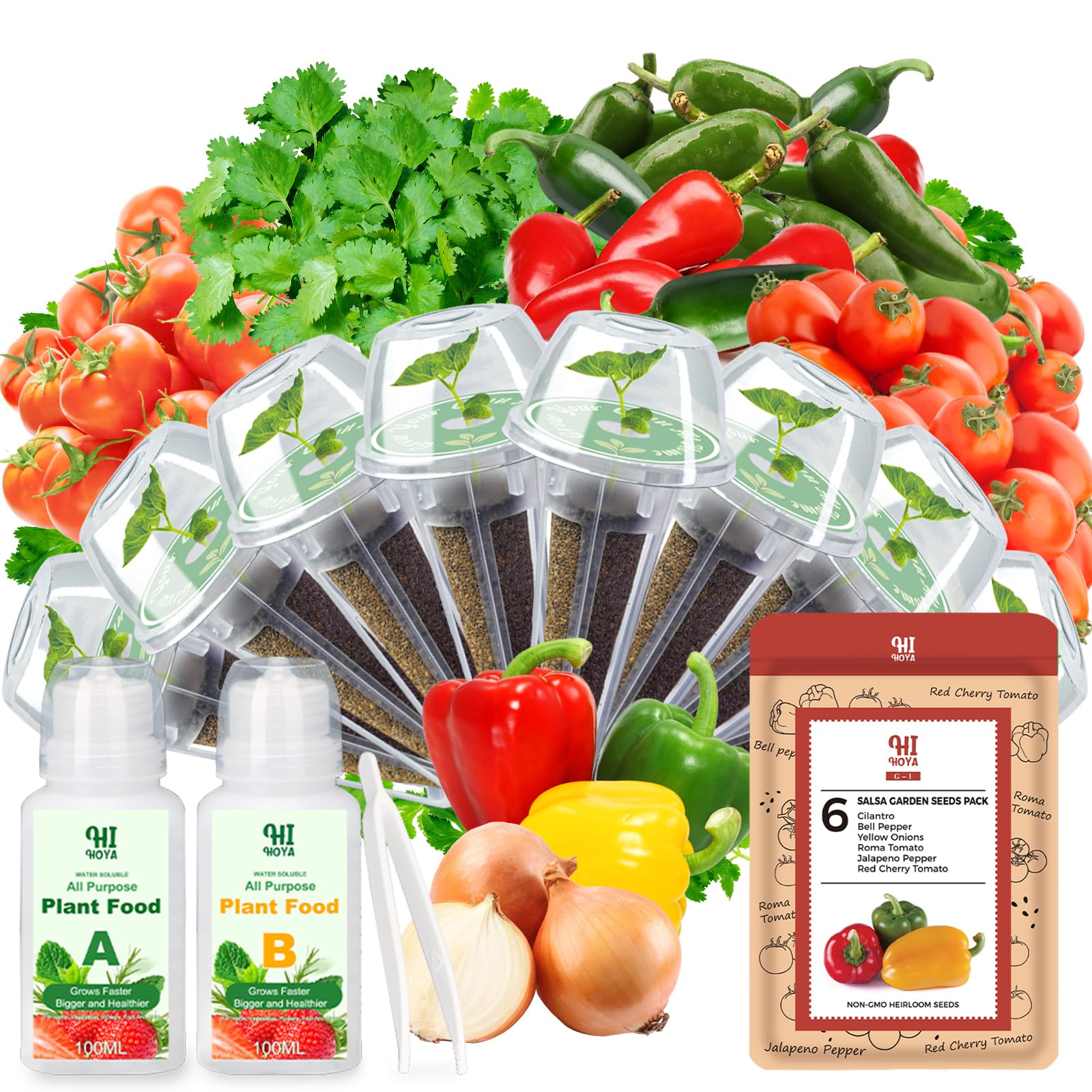 Salsa Garden Seed Pods for All Hydroponics Growing System, 8 Pods with 600+ Seeds of Cherry Tomato, Bell Pepper, Onion, Cilantro, Jalapeno Pepper and Roma Tomato