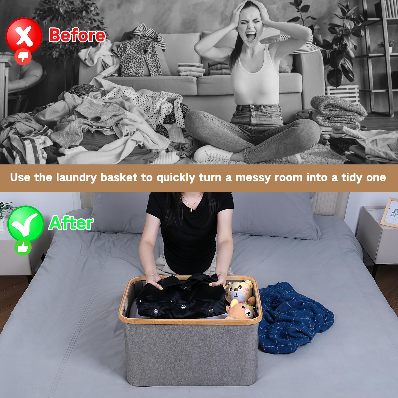 efluky Cesto Portabiancheria Pieghevole in Tessuto di Bambù 60L, Cesto Portaoggetti Versatile, Cesti Portabiancheria Sporco per Lavanderia e Camera da Letto Bagno (Grigio) - 5
