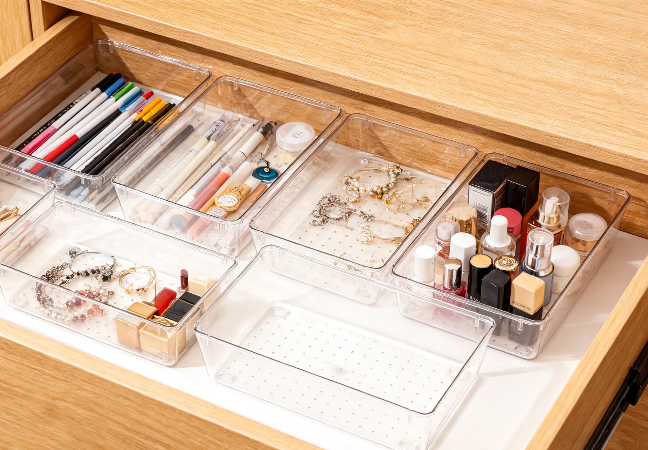 8 organizer trasparenti per cassetti, impilabili, per frigorifero, trucchi, per camera da letto, bagno, ufficio, cucina