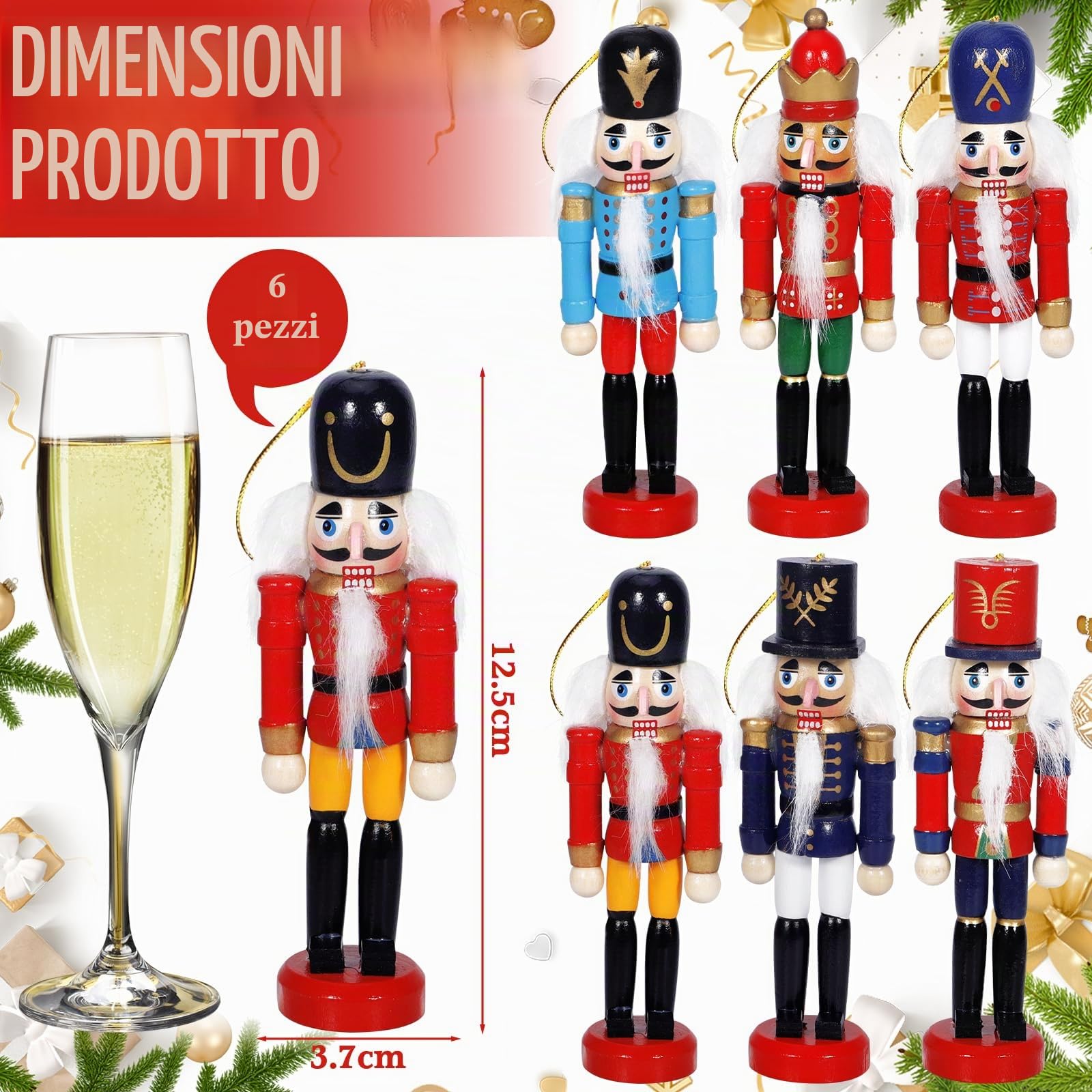 6 Pezzi Schiaccianoci Natale 13cm,Soldatino Schiaccianoci Natale Tradizionale in Legno Fatto Dipinto a Mano,Adatto per Essere Appeso,Per Albero,Decorazione per La Casa E Feste,Natalizi Regalo