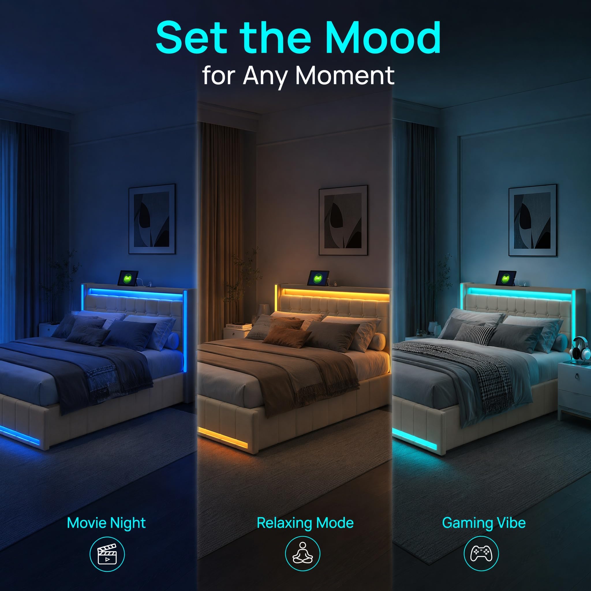 DADEA Letto Cassettone 140x190 con 4 Cassetti, Letto Matrimoniale con LED e USB, Letti Matrimoniali Imbottiti con Testiera PortaoggettiLetto Imbottito Matrimoniale con Contenitore, Nessun Materasso