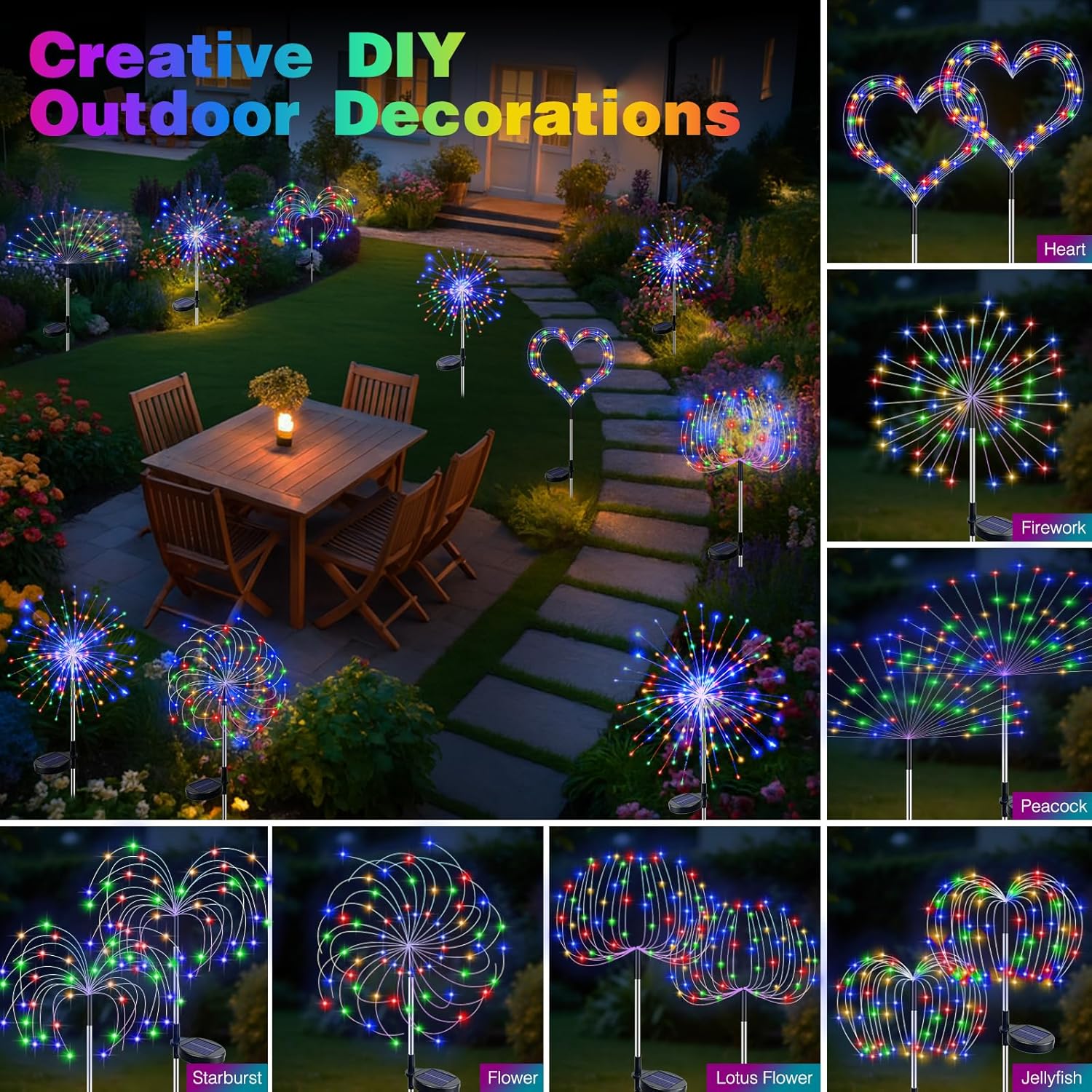 btfarm 4 Pack 120 LED Solar Garden Lights Outdoor, 8 Modes Firework Lights Solar Powered, Waterproof Twinkle Fairy Light Outside for Yard Patio Pathway Pool Christmas Party Decorative, Multicolor