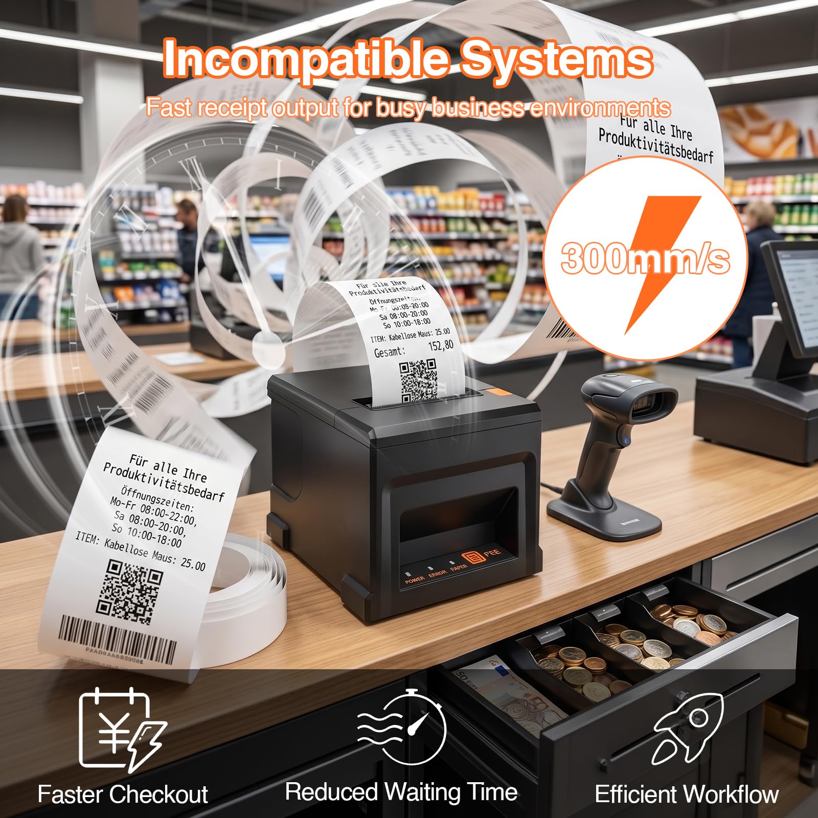 Imprimante thermique 300 mm/s 80 mm POS avec 6 rouleaux de papier, USB & BT, tiroir de caisse automatique Windows/Mac/Linux