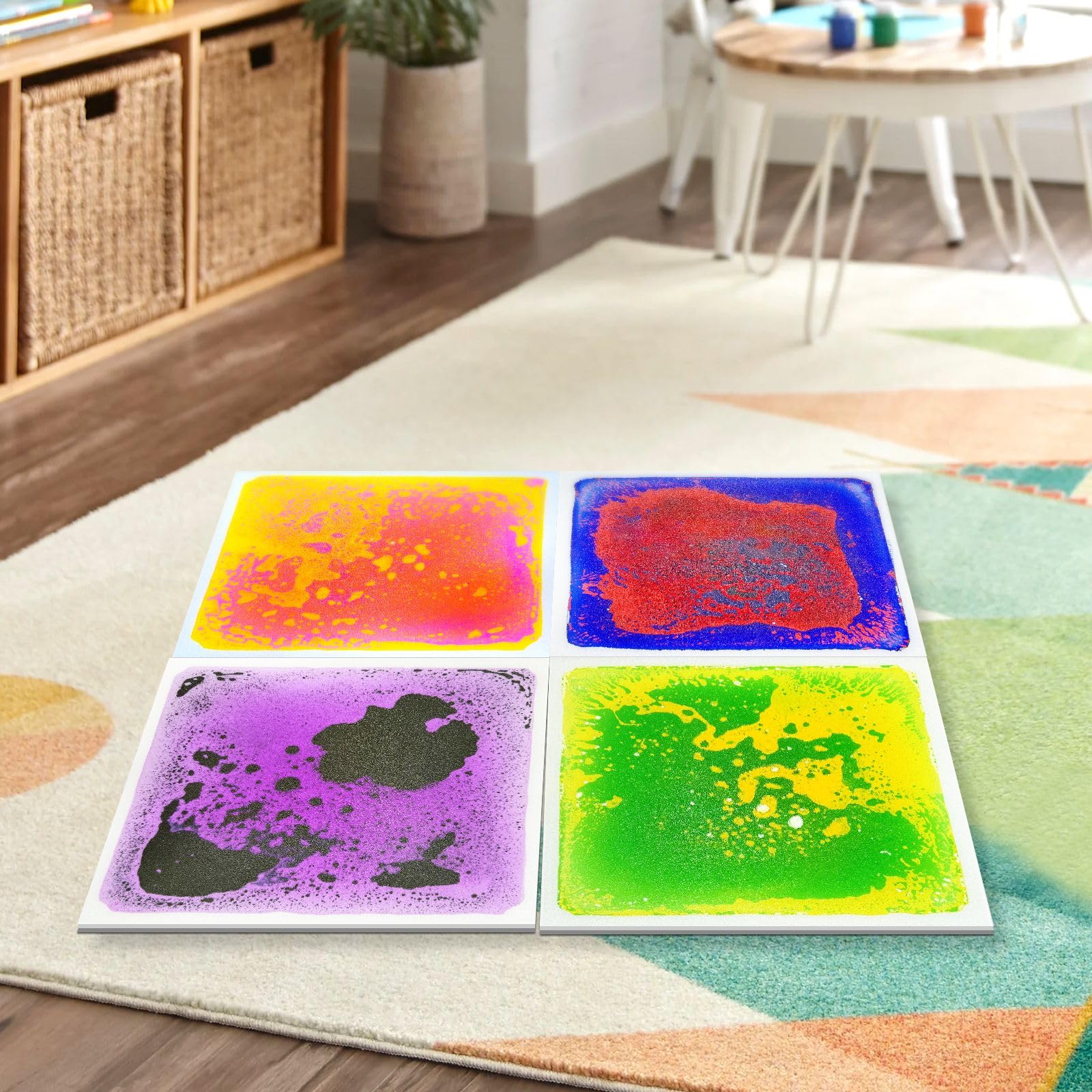 VIRTUENITY Lot de 4 dalles de sol sensorielles liquides - 30 x 30 cm - Colorées - Pour salles de jeux, salle de classe, chambre à coucher et bureau.