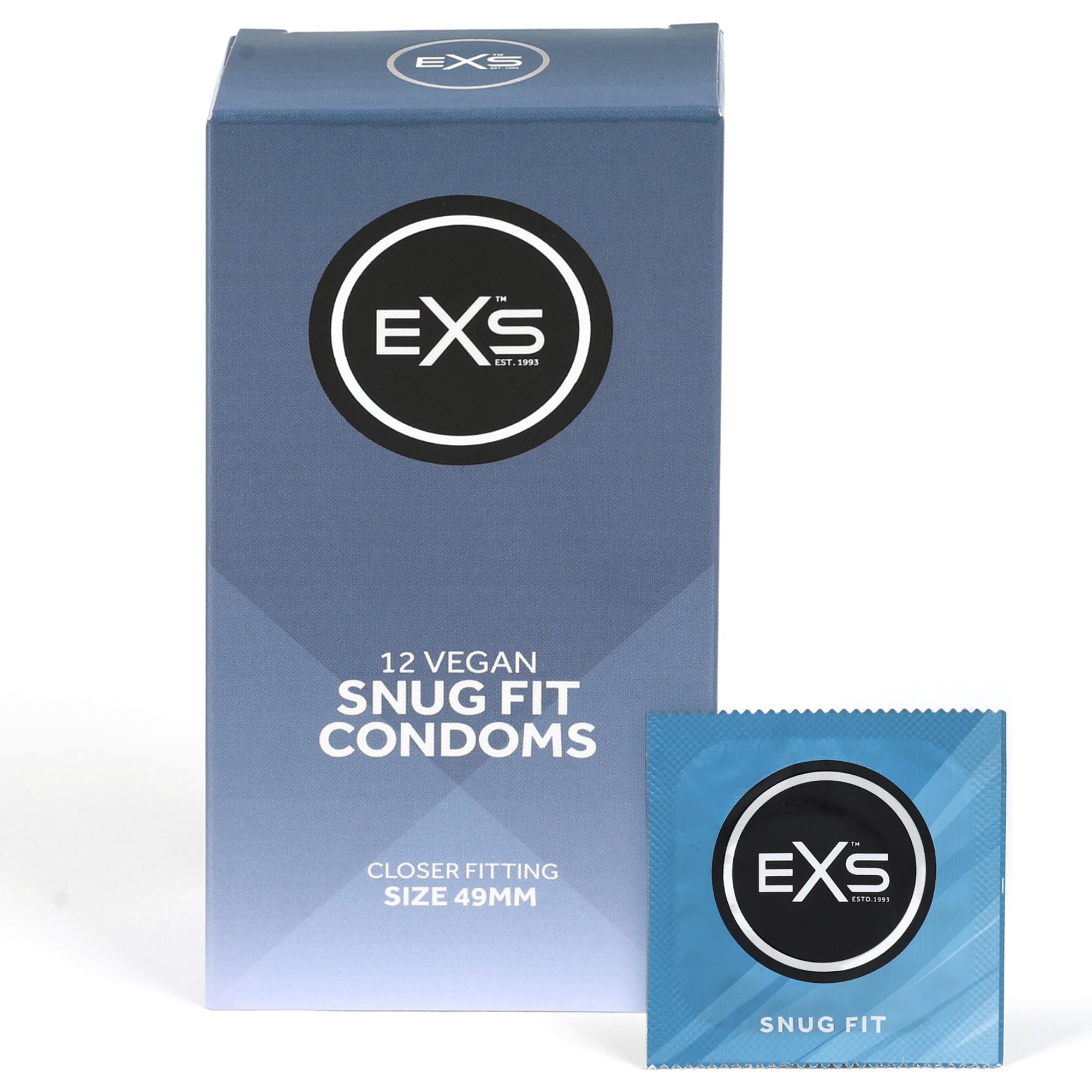 EXS Snug Fit Condoms (12 Pack) 49mm Width, Premium Latex with Non-Spermicidal Lube, Straight-Walled with Teat, PETA-Approved Vegan Condom, 3 Year Life - CE Marked NHS Approved Male Condoms