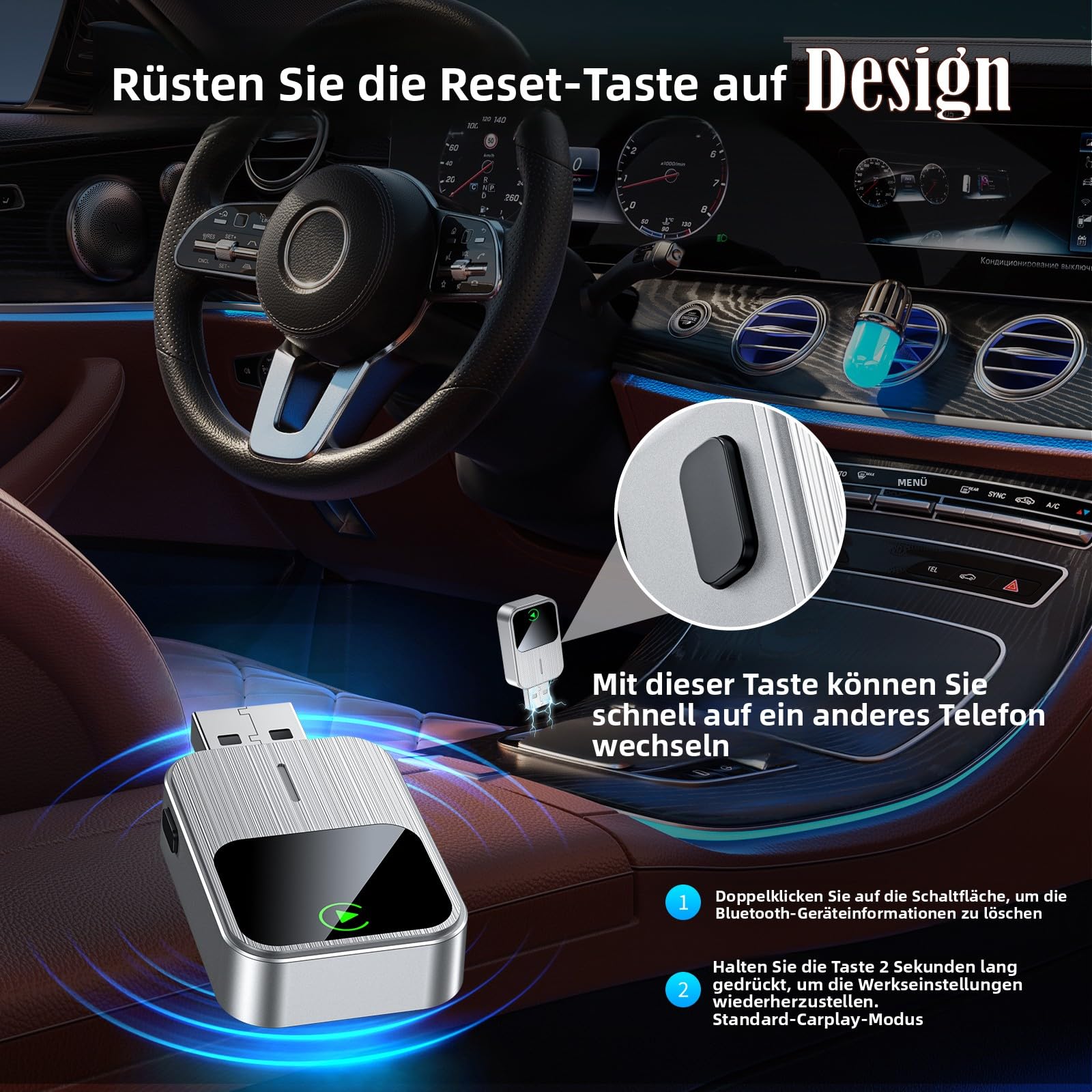 Wireless CarPlay Adapter für iPhone,Plug & Play, schnelle & stabile Verbindung, kompatibel mit Autos ab 2016, mit Reset-Taste (nur iOS)