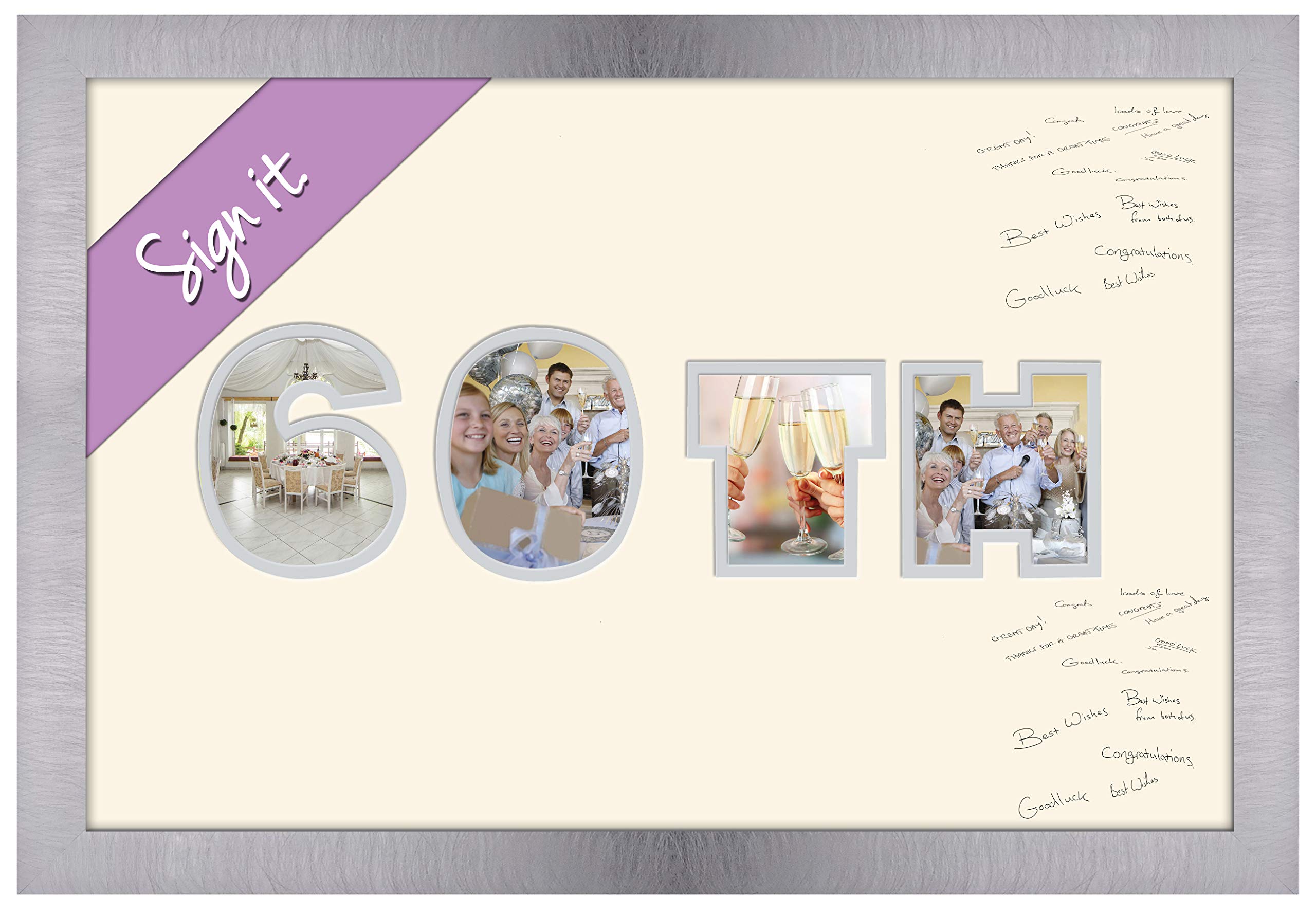 60th Birthday Diamond Wedding Anniversary Personalised Guest Book Signing Signature Autograph Photo Frame to Sign Gift Present (Brushed Silver Finish Frame)