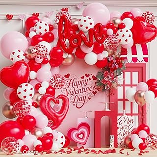 132Pcs Valentines Day Balloon Garland Arch Kit, Pink Red White Confetti Latex balloons with Love Letter Heart Foil Balloons for Valentines Day Proposal Wedding Galentines Birthday Party Decorations