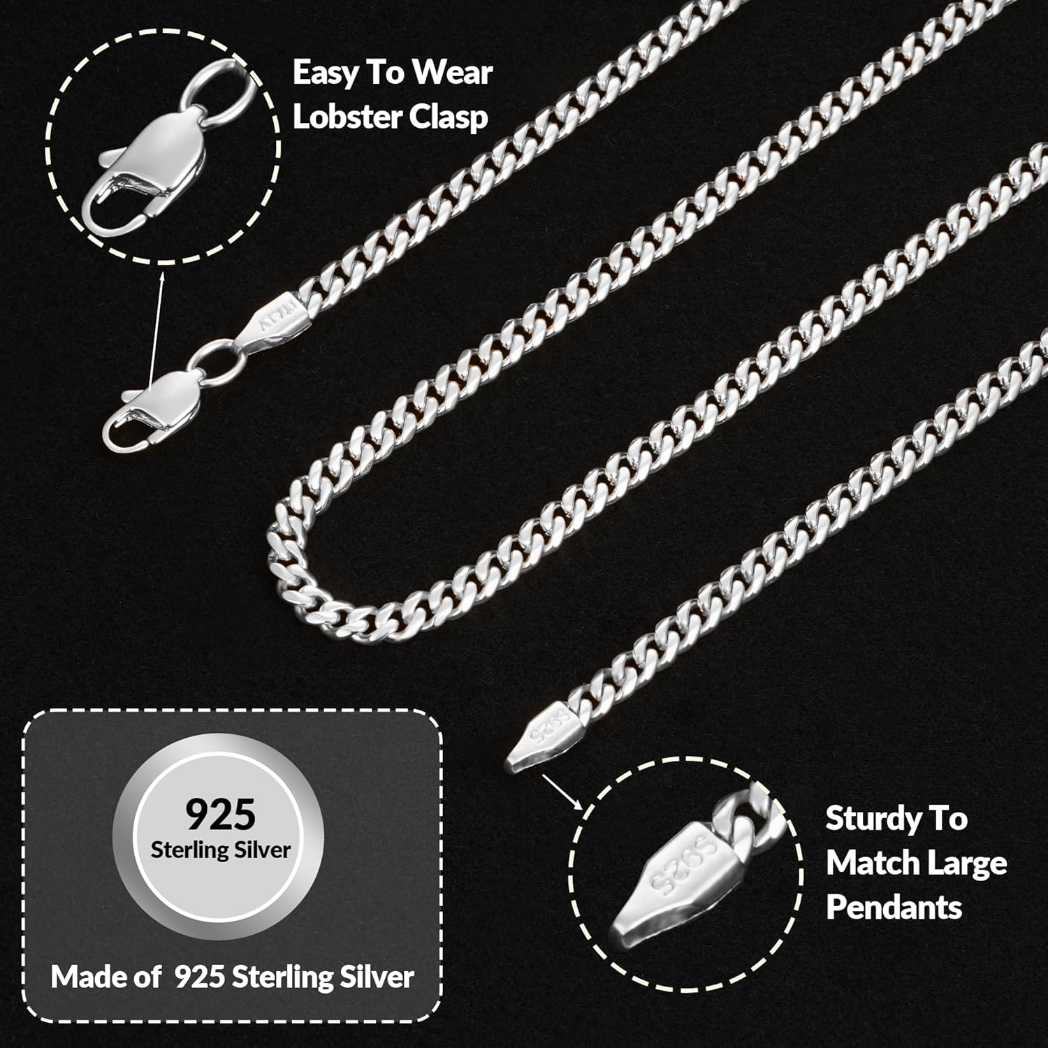 18K Real Gold Plated Over 925 Sterling Silver Chain for Men, 4mm Miami Mens Cuban Link Chain Necklace, Hip-Hop & Cool Men's Chain Necklace, 16/18/20/22/24/26 Inch - Image 3