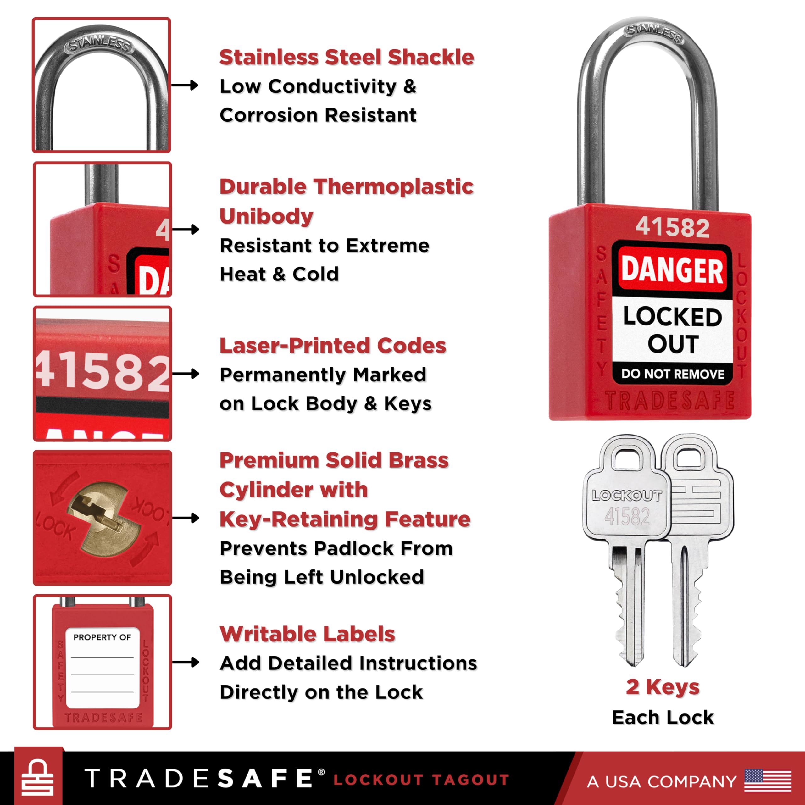 TRADESAFE Juego de cerraduras de bloqueo – 10 candados con llave roja igual, 2 llaves por cerradura, cerraduras Loto compatibles con OSHA para estaciones de etiquetado de bloqueo, grado premium