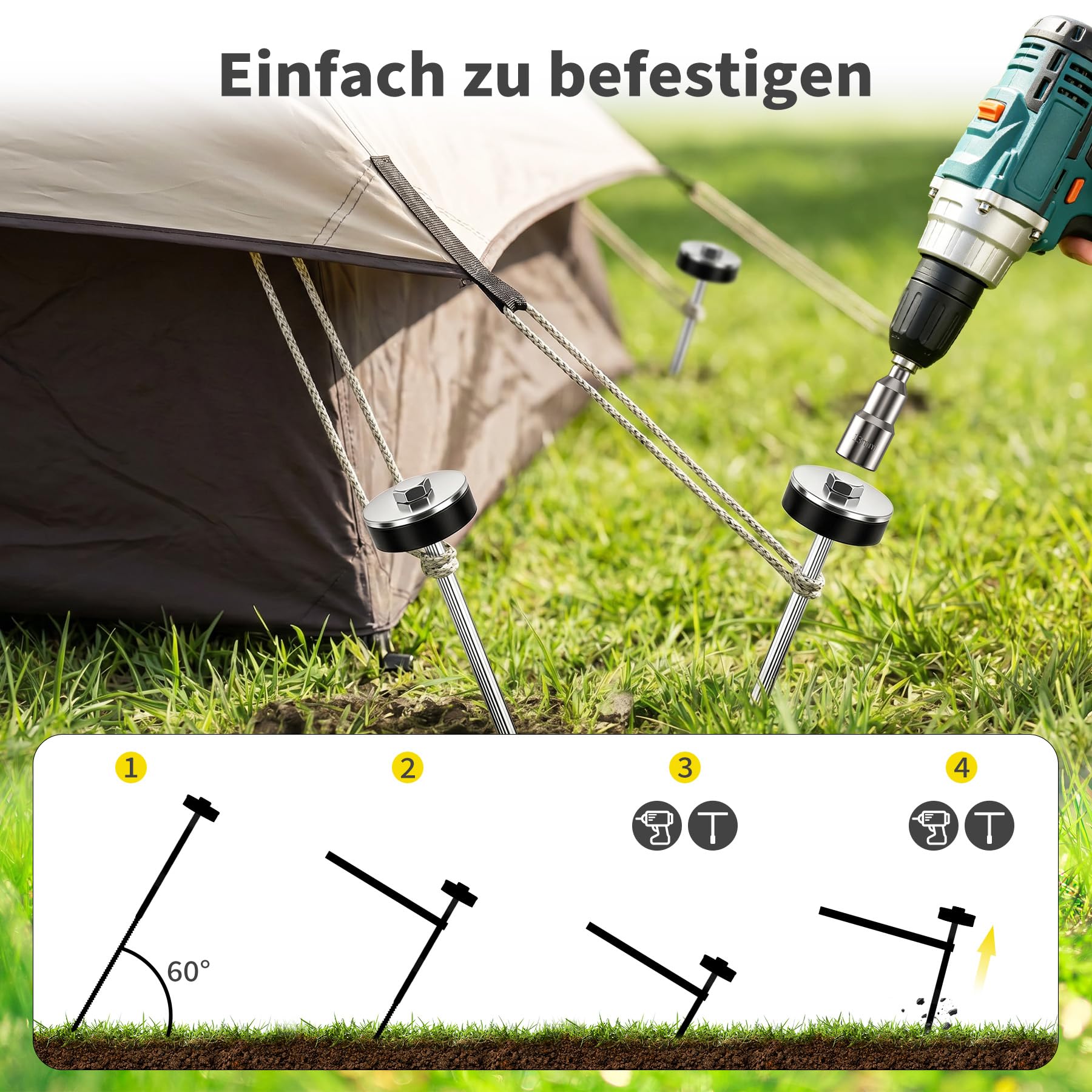 Zeltschrauben Camping Komplettset, 12-teiliges Universalschraubenset mit Drahtbürste und T-Griff-Schraubenschlüssel zur Befestigung von Zelten, geeignet für harten Boden und Waldwiese