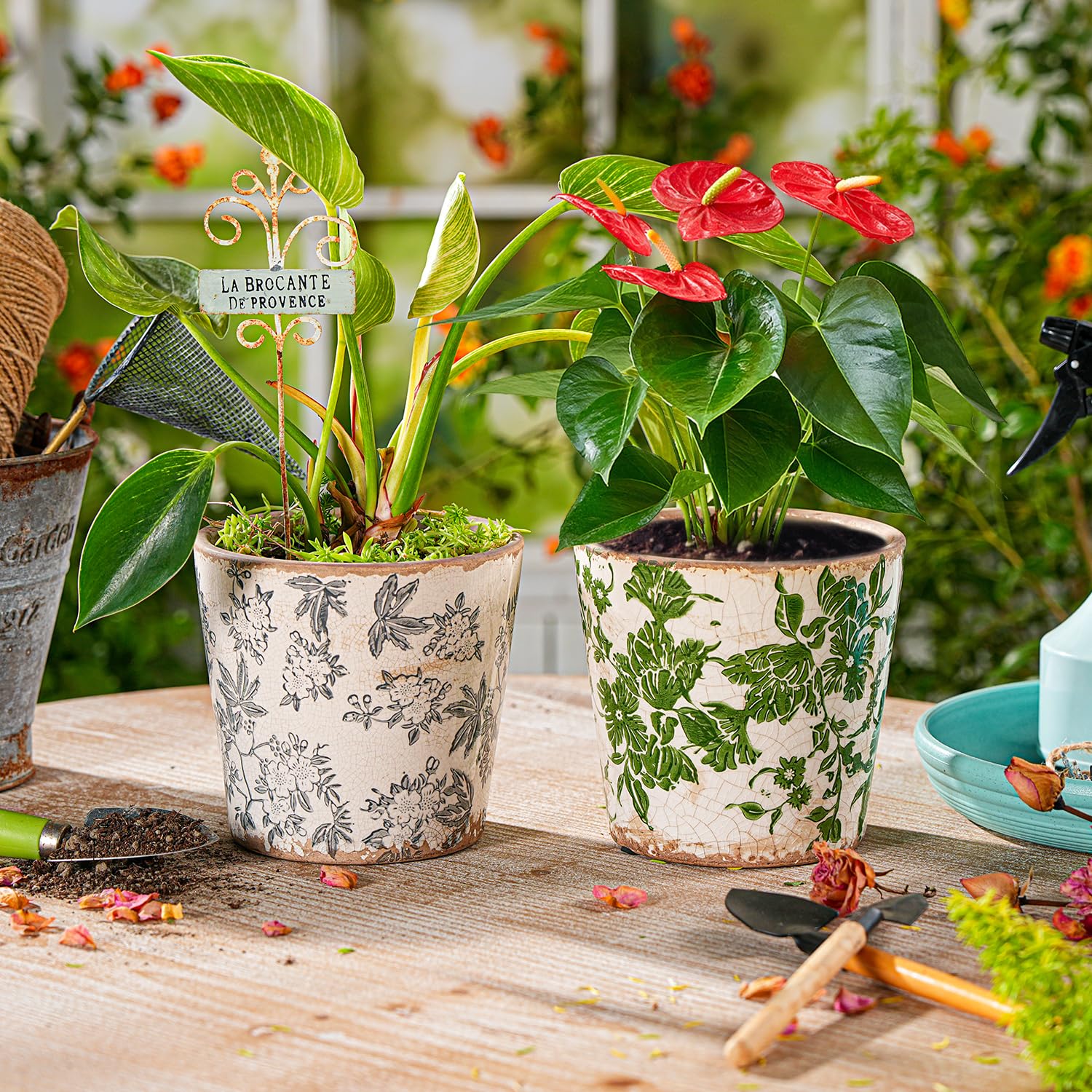Sungmor Ceramiczne doniczki w stylu vintage, zestaw 2 pięknych doniczek ceramicznych z pękniętą lodem, 14 cm, doniczki do ziół z otworem drenażowym, toskańskie doniczki do użytku wewnątrz i na