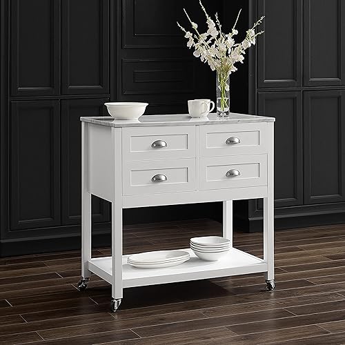 Miniatura 6 de Crosley Furniture Connell - Carrito de isla de cocina rodante, soporte para microondas, barra de café con cajones de almacenamiento, color blanco