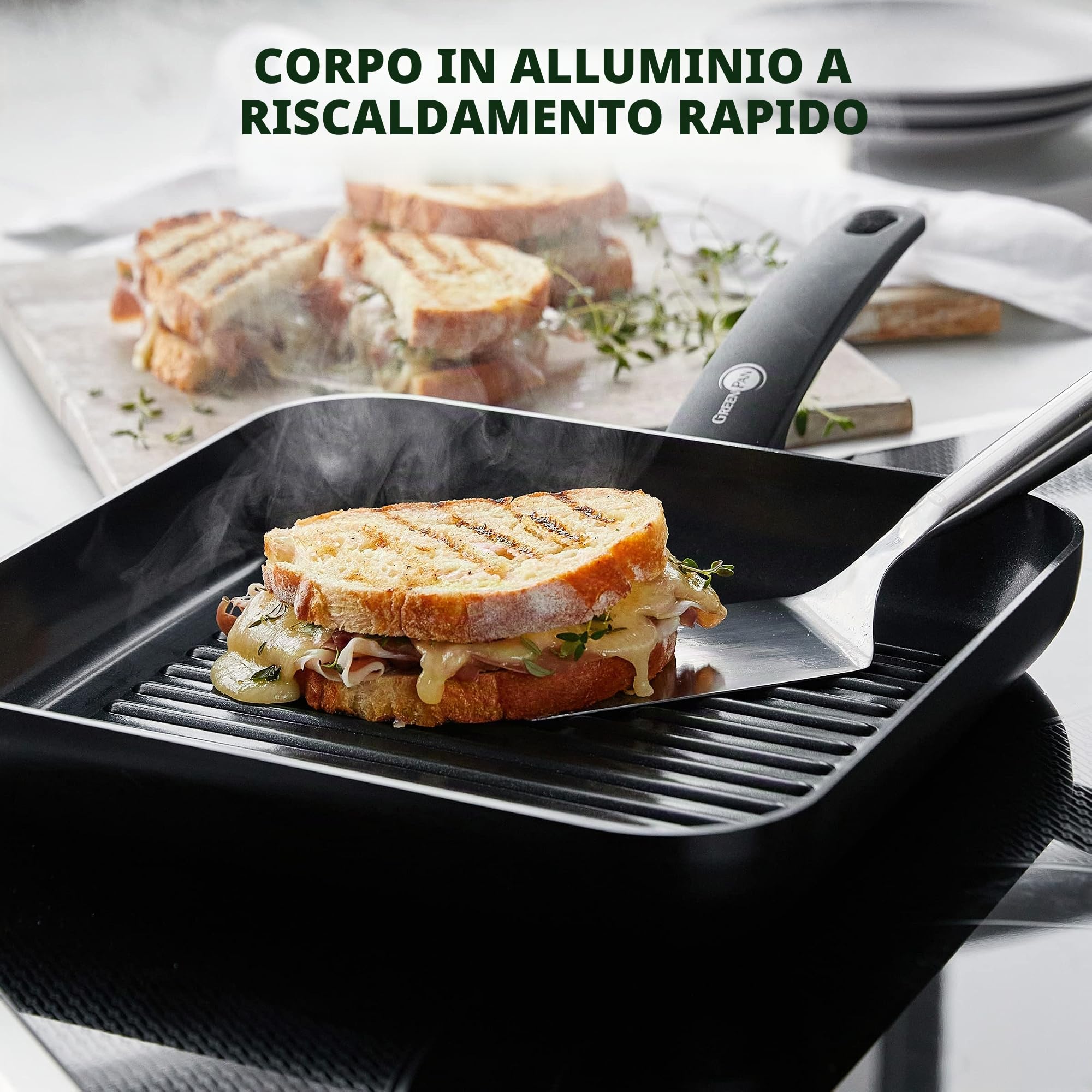 GreenPan Cambridge Padella per Grigliare Quadrata in Ceramica Antiaderente da 28 cm, senza PFAS, Induzione, Lavabile in Lavastoviglie, Forno, Nera