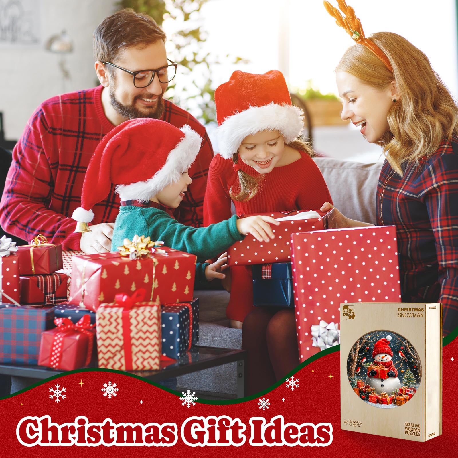Puzzles de Noël en bois pour adultes – Bonhomme de neige | Pièces de puzzle en bois de forme unique, cadeaux ronds en bois pour les amateurs de puzzle, la famille (34 x 34 cm