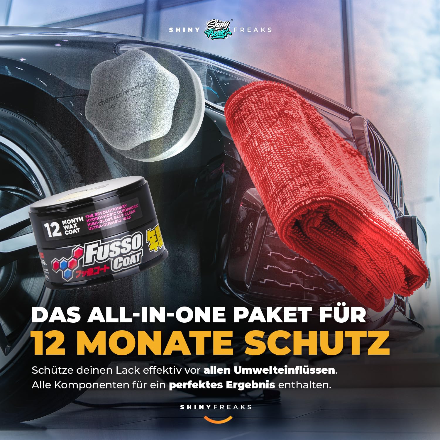 Soft99 Fusso Coat Dark 12 Months (200g) Auto Wachs Versiegelung Set - Auto Hartwachss mit Langzeitschutz & Glanz für schwarze & dunkle Lacke - Wax, Lackversiegelung, Langzeitversiegelung | 7-teilig
