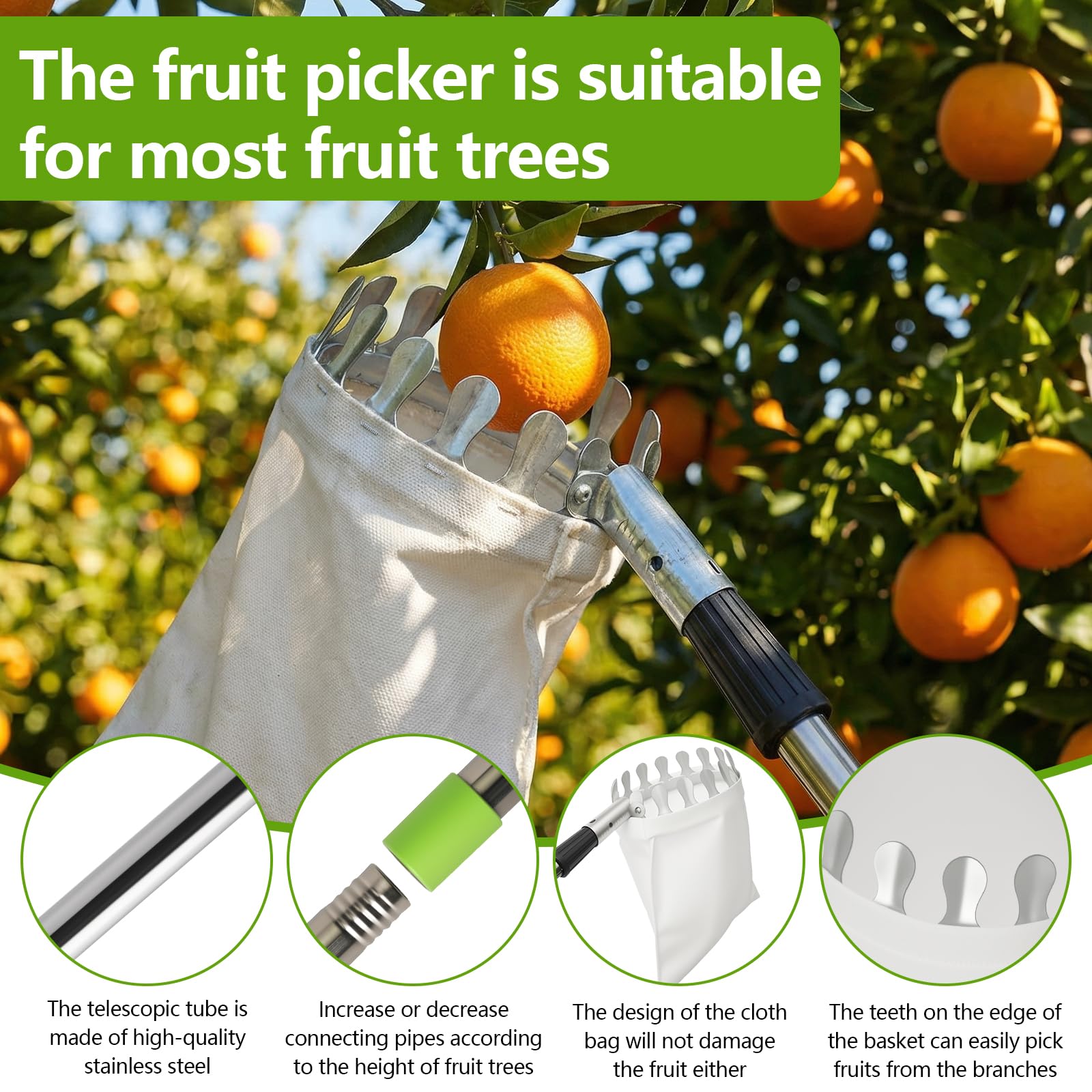 4.2M Raccogli Frutta Telescopico, Regolabile Raccogli Frutta con Palo in Acciaio Inox, Frutta Raccoglitrice Attrezzo Raccogli Frutta per Limoni Mele Pere Arance