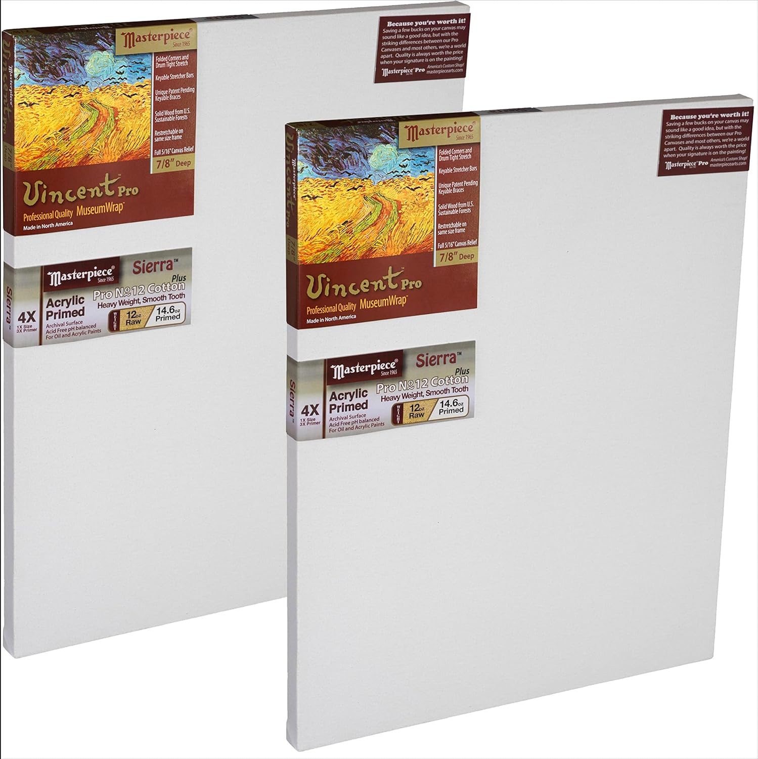 MASTERPIECE Z8VE-2460 Vincent Pro 7/8" Deep Sierra Heavy Weight Medium Texture 14.6 oz Cotton Stretched Canvas 24" x 60" White 8 Pack