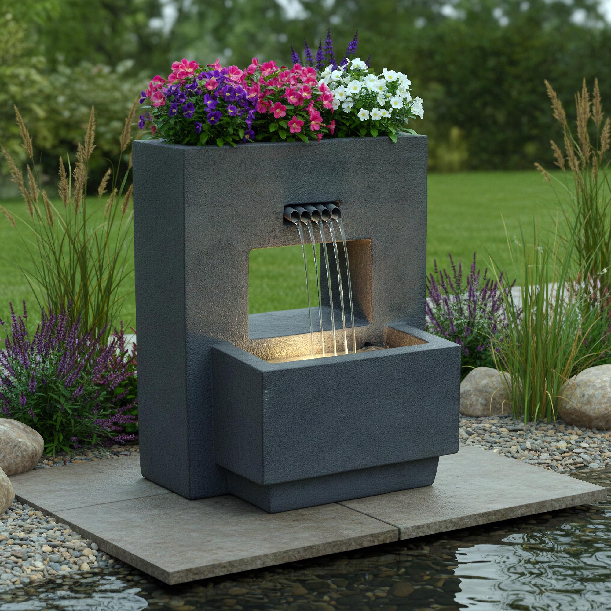 Fontaine de Jardin avec éclairage, plantable, Aspect béton 57 cm Cascade Blanc Chaud, décoration