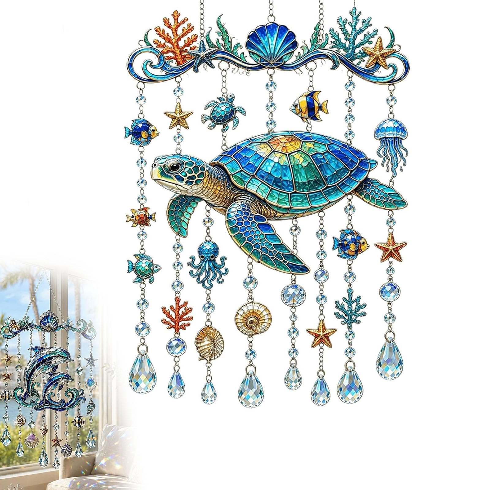 Ocean-Themed Crystal Wind Chime – Bring the Ocean Glow to Your Garden, Stained Acrylic Sea Turtle Whale Dolphin Hanging Suncatcher with Prism Drops for Garden Yard Patio Porch Window，Sea Turtle