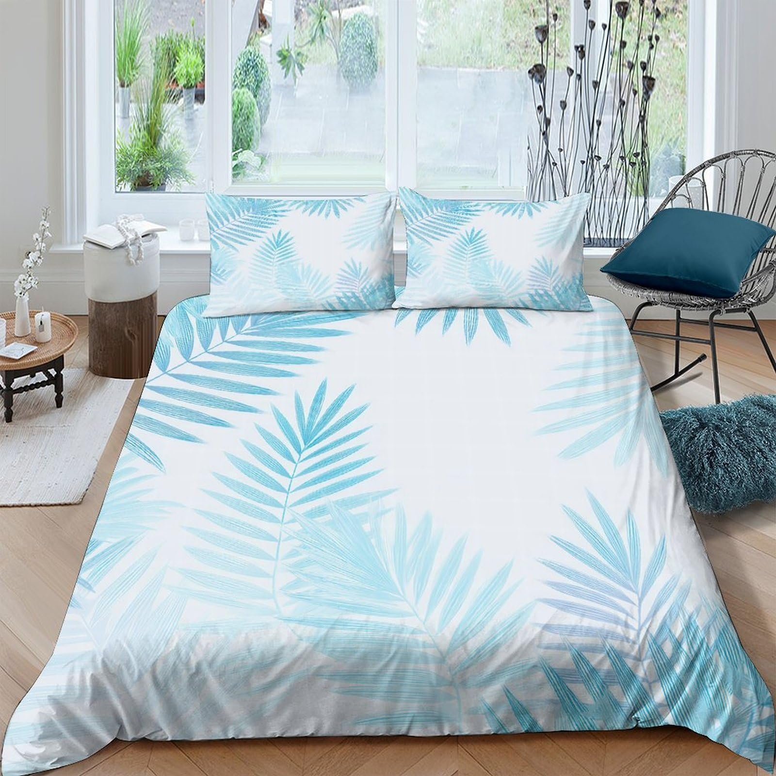 Ctjqhvkz Style-1 3D Printed Blue Palm Leaf Fitted Sheet Microfiber Soft Breathable Tropical Fern Mattress Cover For Bedroom Guest Room Single（135X200cm）