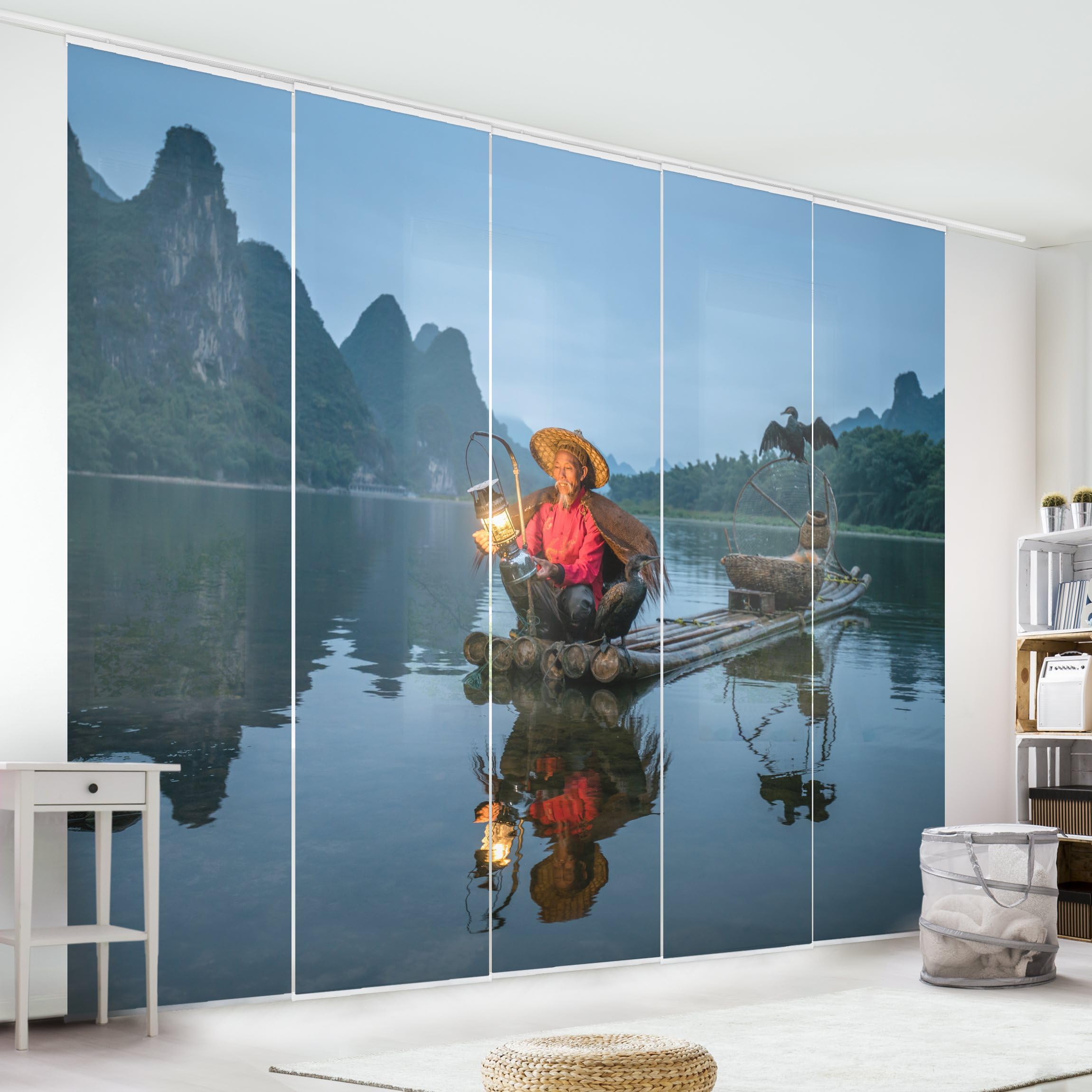 Schiebegardine halbtransparent 60er Paneel Klett Natur Textil lichtdurchlässig - Asien Modern Flächenvorhang blau Wohnzimmer Schlafzimmer 2569 (300x250 cm - 5er Set)
